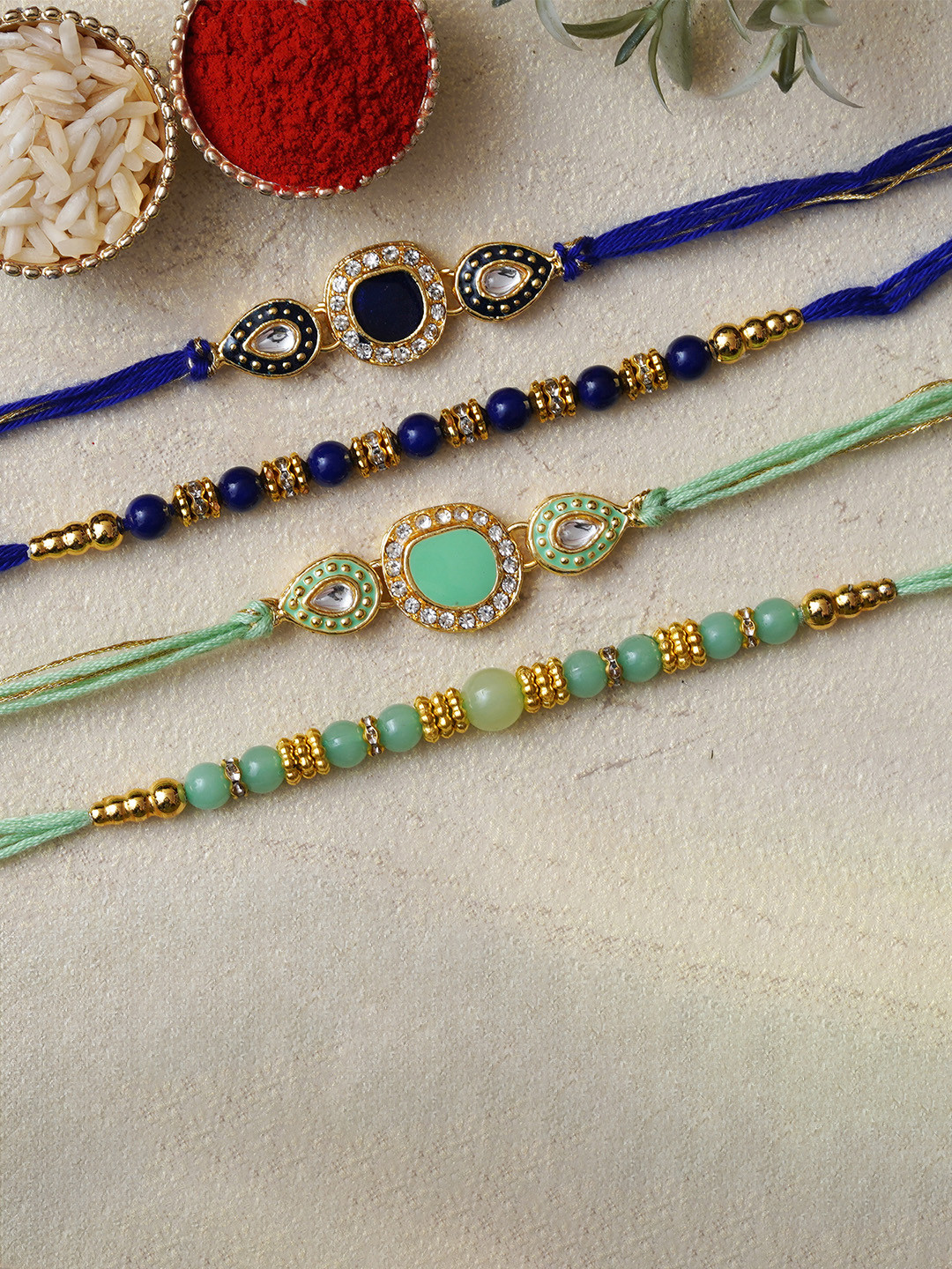 eCraftIndia Unisex Set of 4 Beads & Kundan-Studded Rakhis with Roli & Chawal