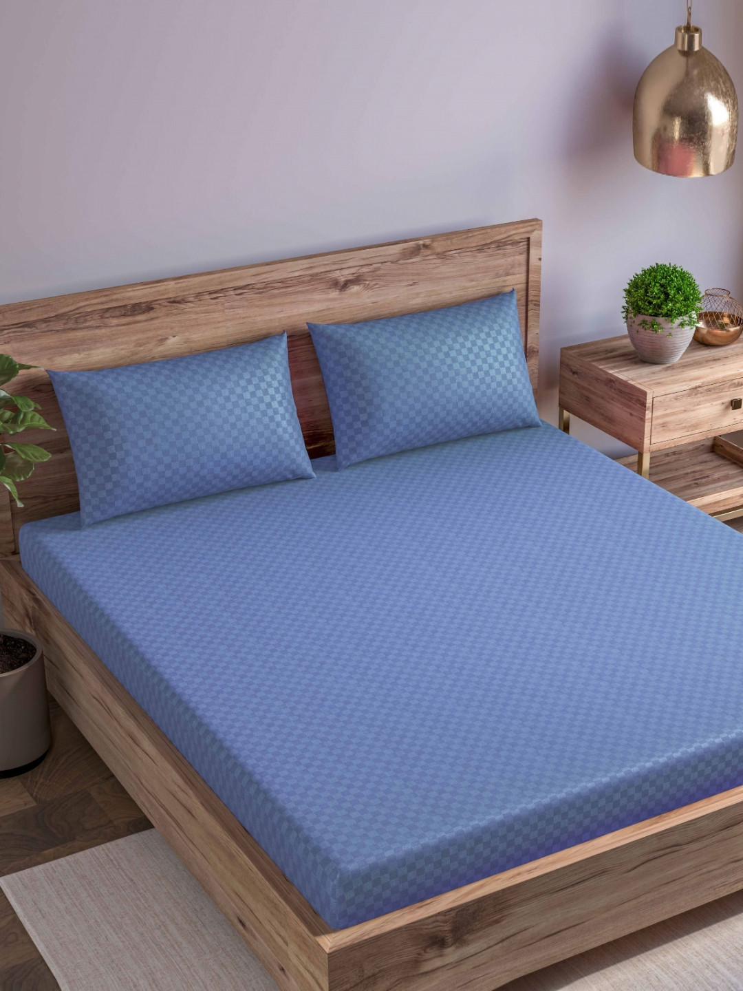 Trance Home Linen Blue Checked Pure Cotton 300 TC Fitted Double Fine Bedsheet with 2 Pillow Covers-78 x 36 inches