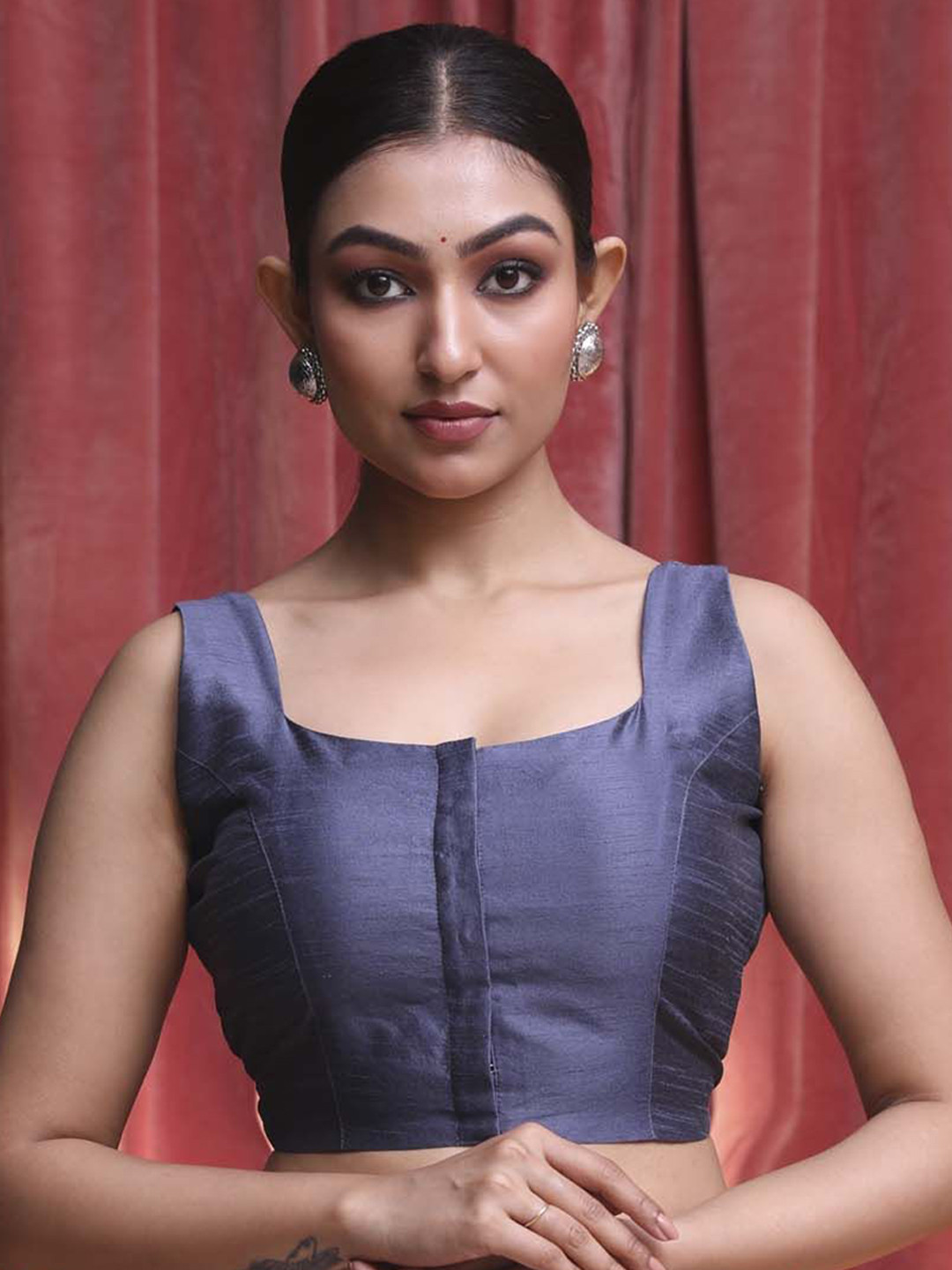 Indethnic Square Neck Raw Silk Saree Blouse