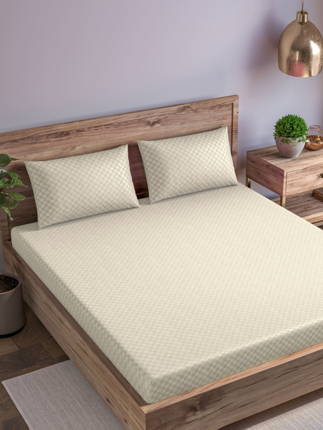 Trance Home Linen Cream Geometric Cotton 300 TC King Fine Bedsheet with 2 Pillow Covers-78 x 60 inches