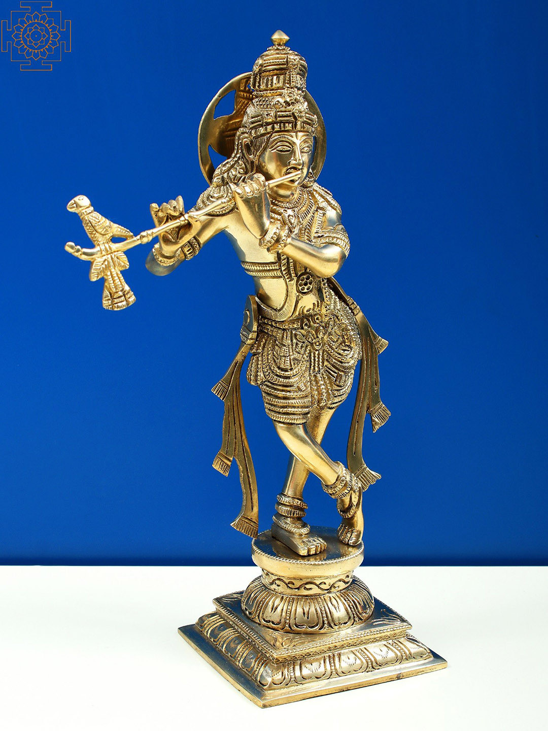 Exotic India Lord Krishna Playing Flute Gold Brass Metallic Prayer Room Large Showpiece - 3.9 Inches