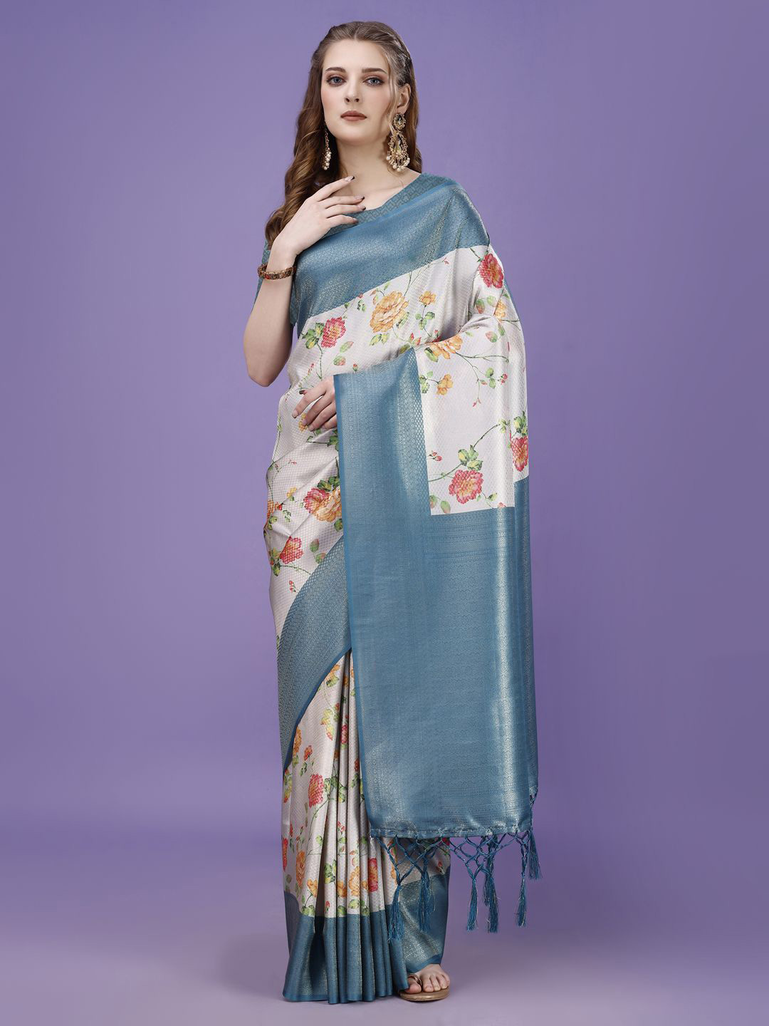 Nigel Designer Floral Printed Zari Saree