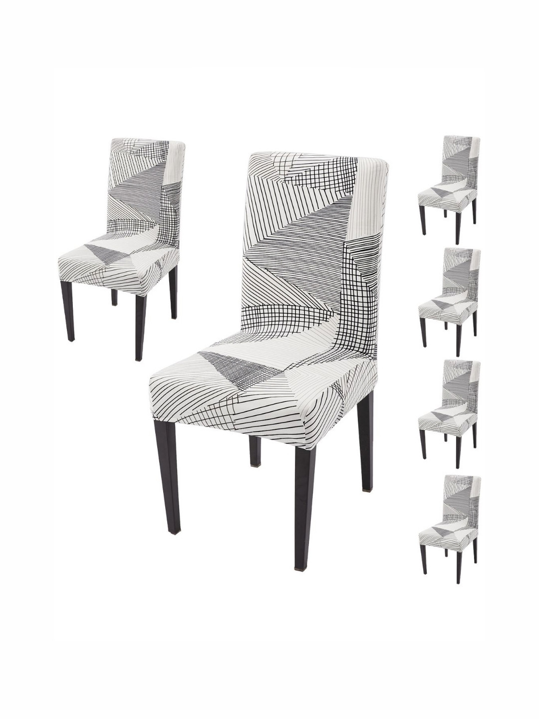 HOKIPO 6 Pcs White & Black Printed 140 GSM Fully Covered Chair Cover