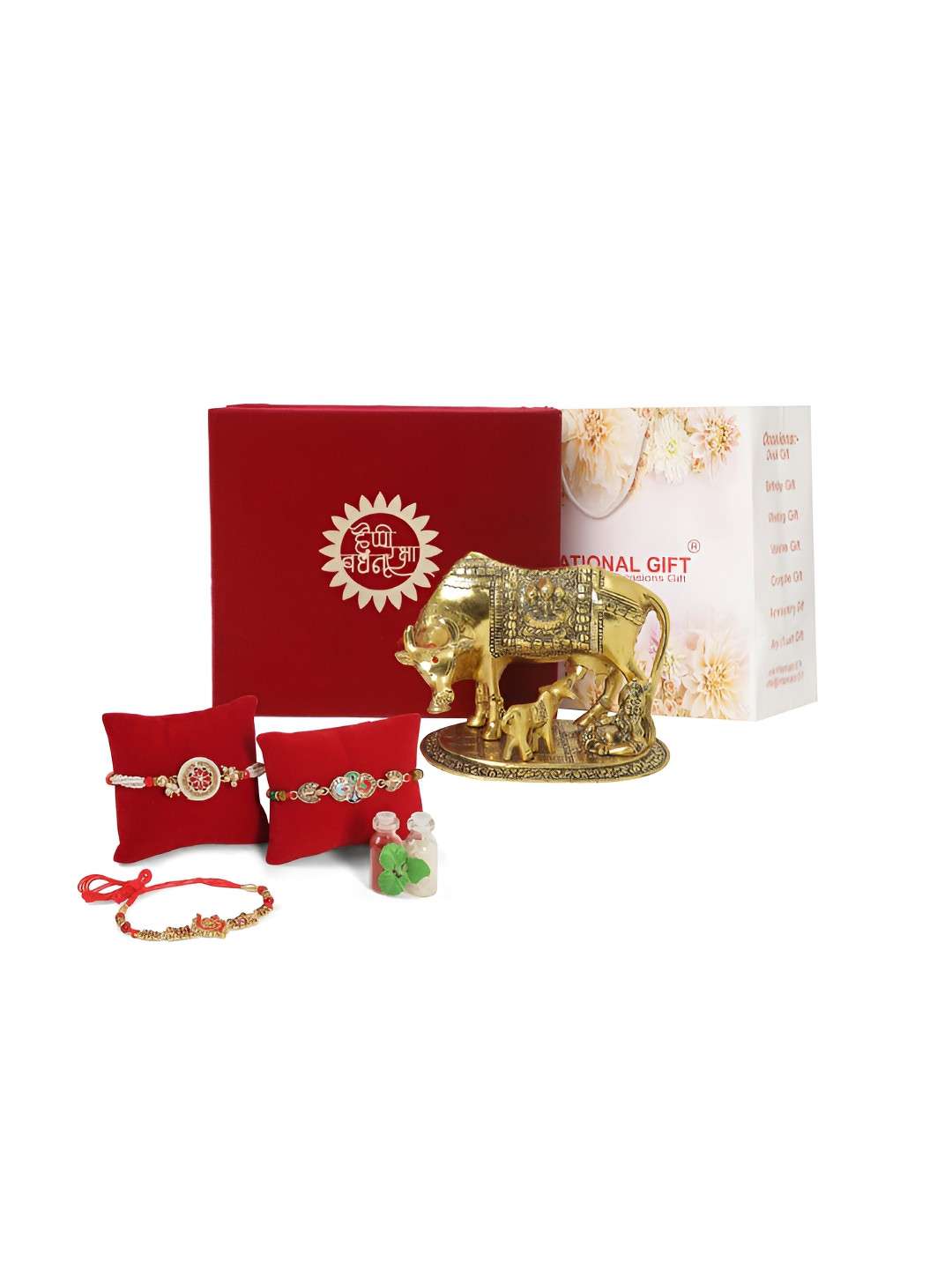 INTERNATIONAL GIFT Set of 3 Rakhi Gift Set with Gold Kamdhenu Cow Idol