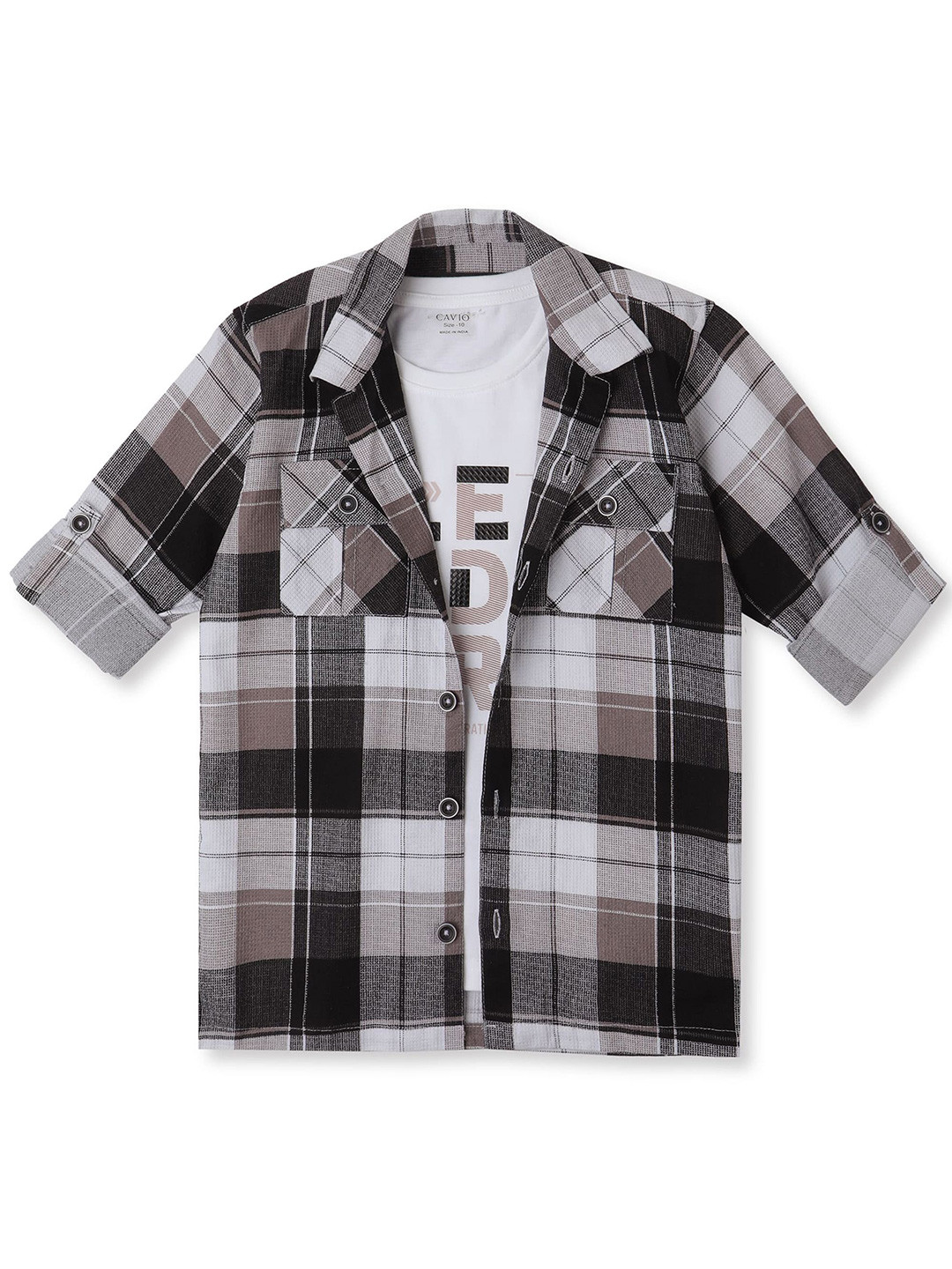 CAVIO Boys Cuban Collar Tartan Checked Cotton Casual Shirts & T-Shirt
