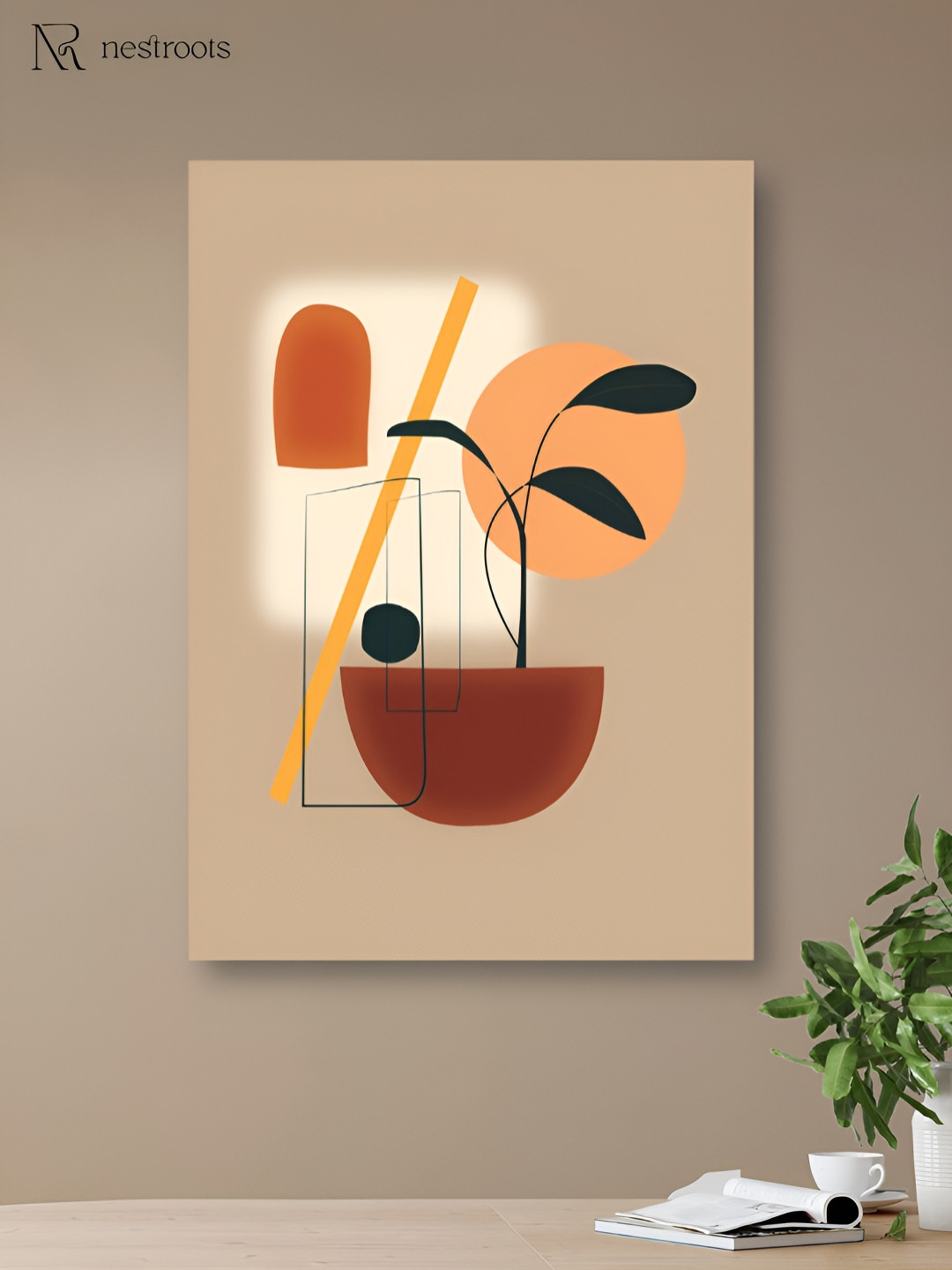 nestroots Beige & Rust Vibrant Blooms in a Pot Canvas Print Abstract Wall Art