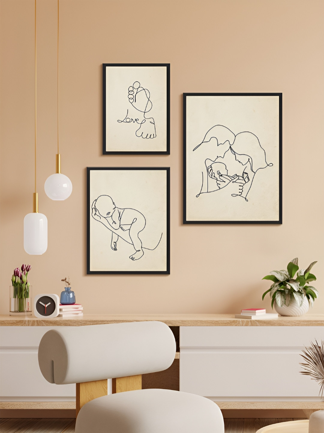 999Store Tan & Black 3 Piece Paper Other Wall Paintings