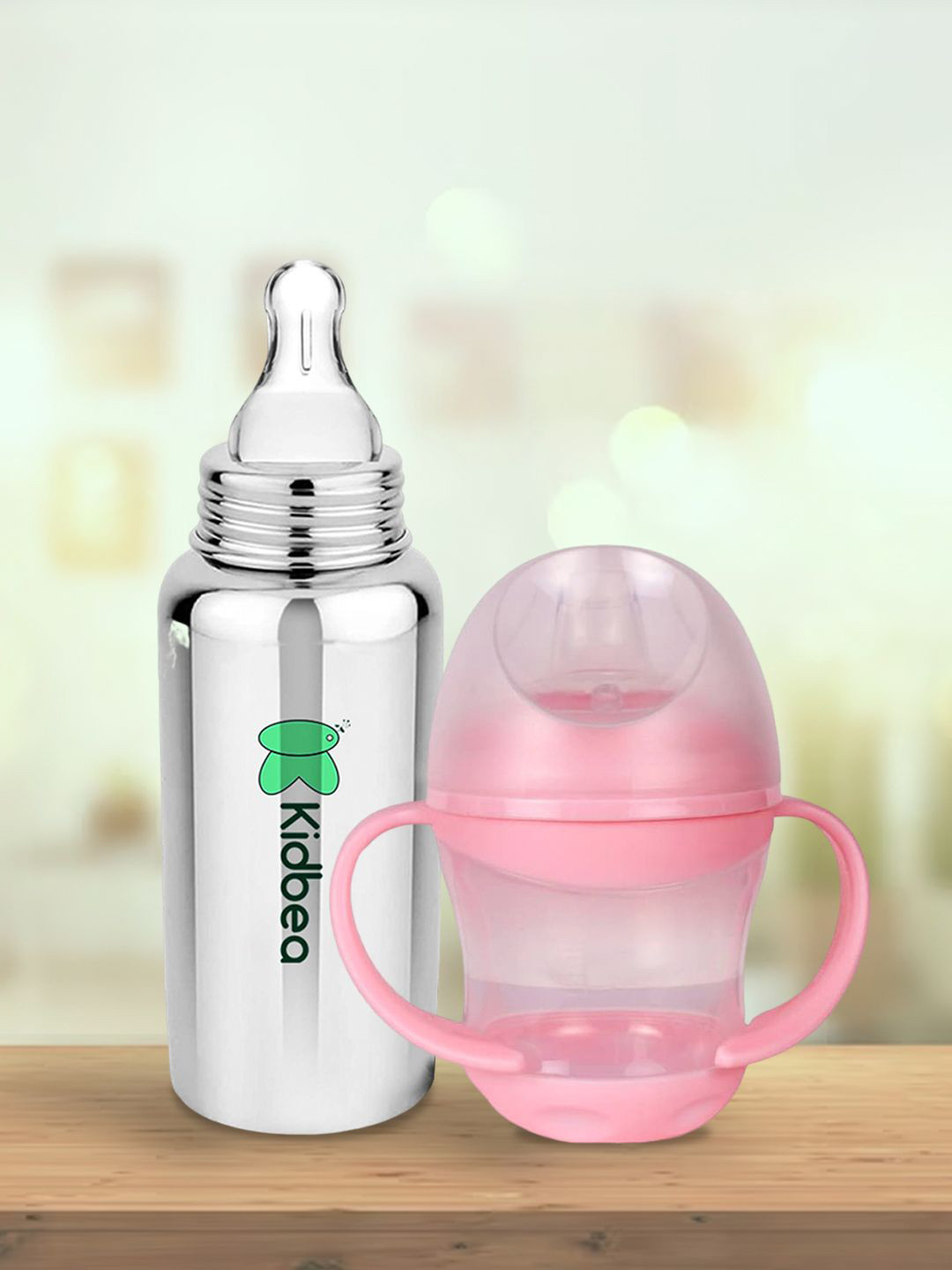 Kidbea Infants 2Pcs Pink Sipper & Feeding Bottles