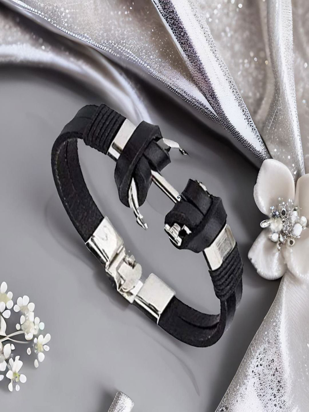 UNIVERSITY TRENDZ Men Silver Plated Anchor Leather Wraparound Bracelet