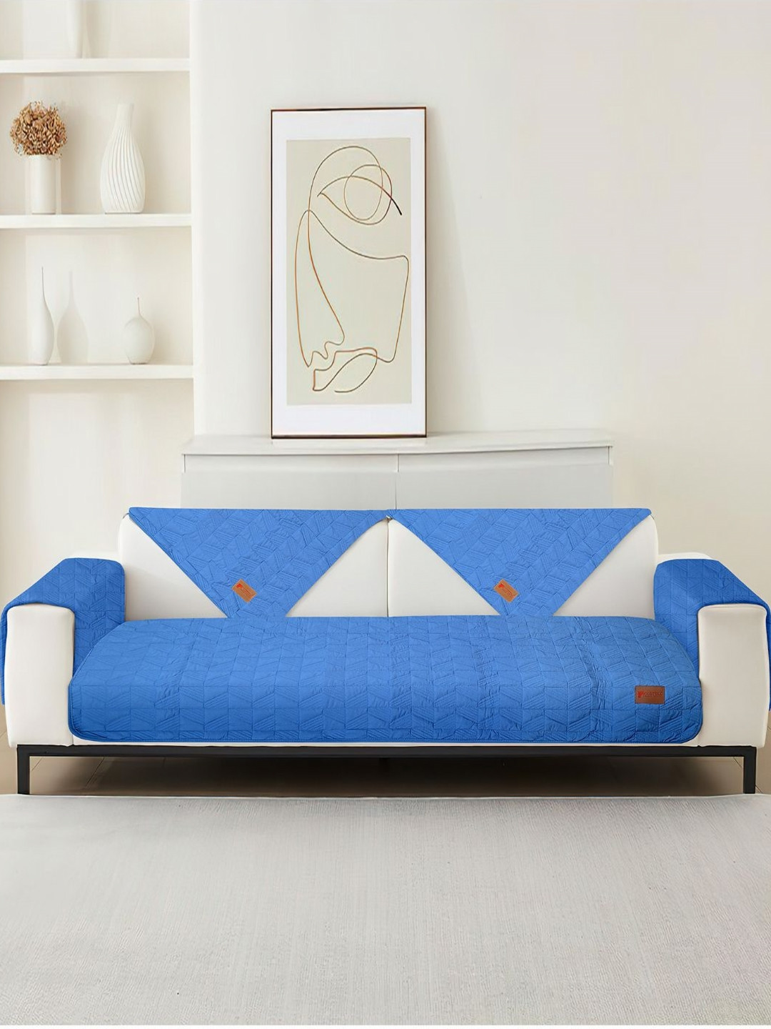 Cortina Blue Solid Polyester Sofa Cover With Arms