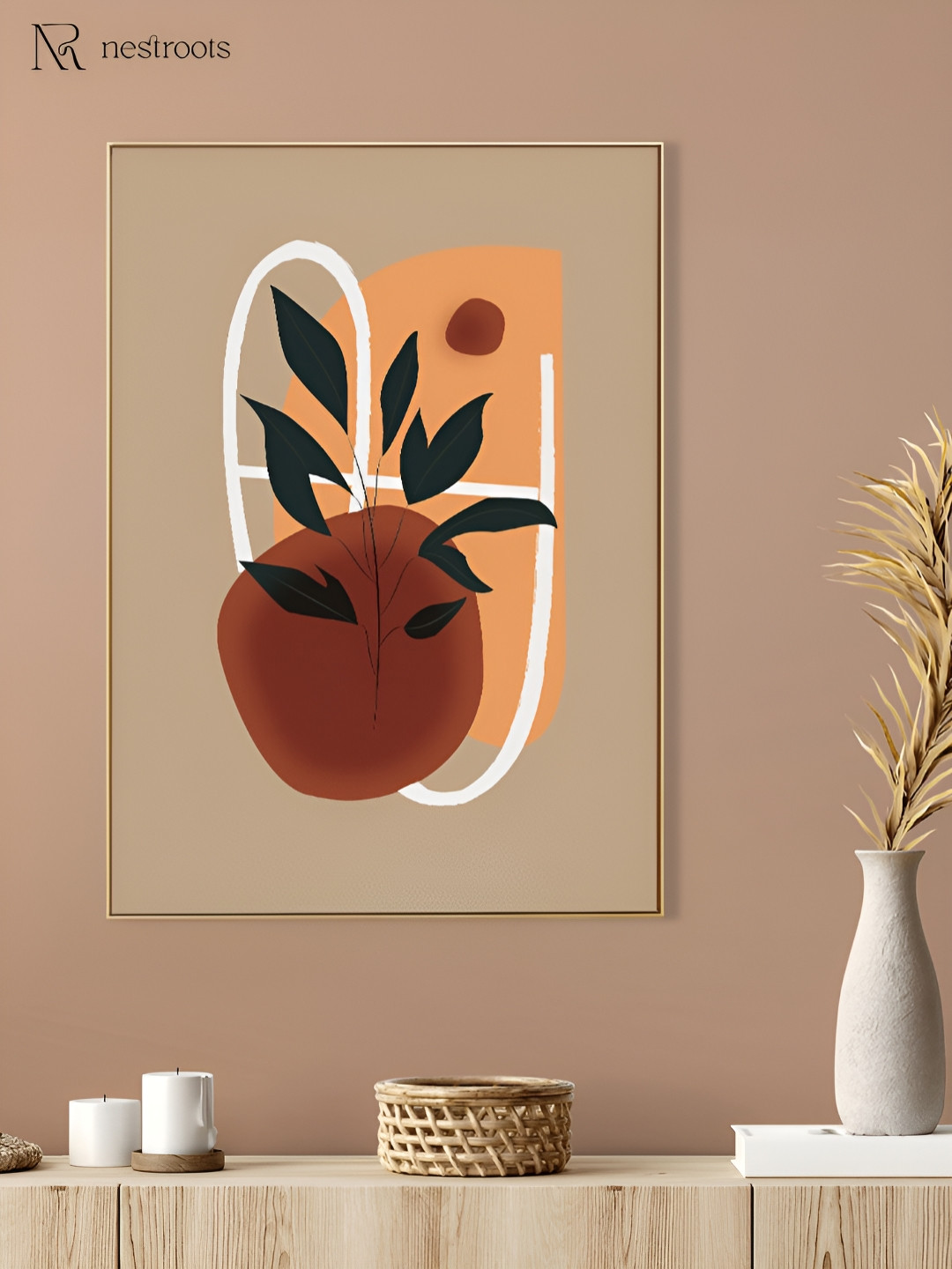 nestroots Brown & Peach Vibrant Floral Leaf Canvas Wall Painting