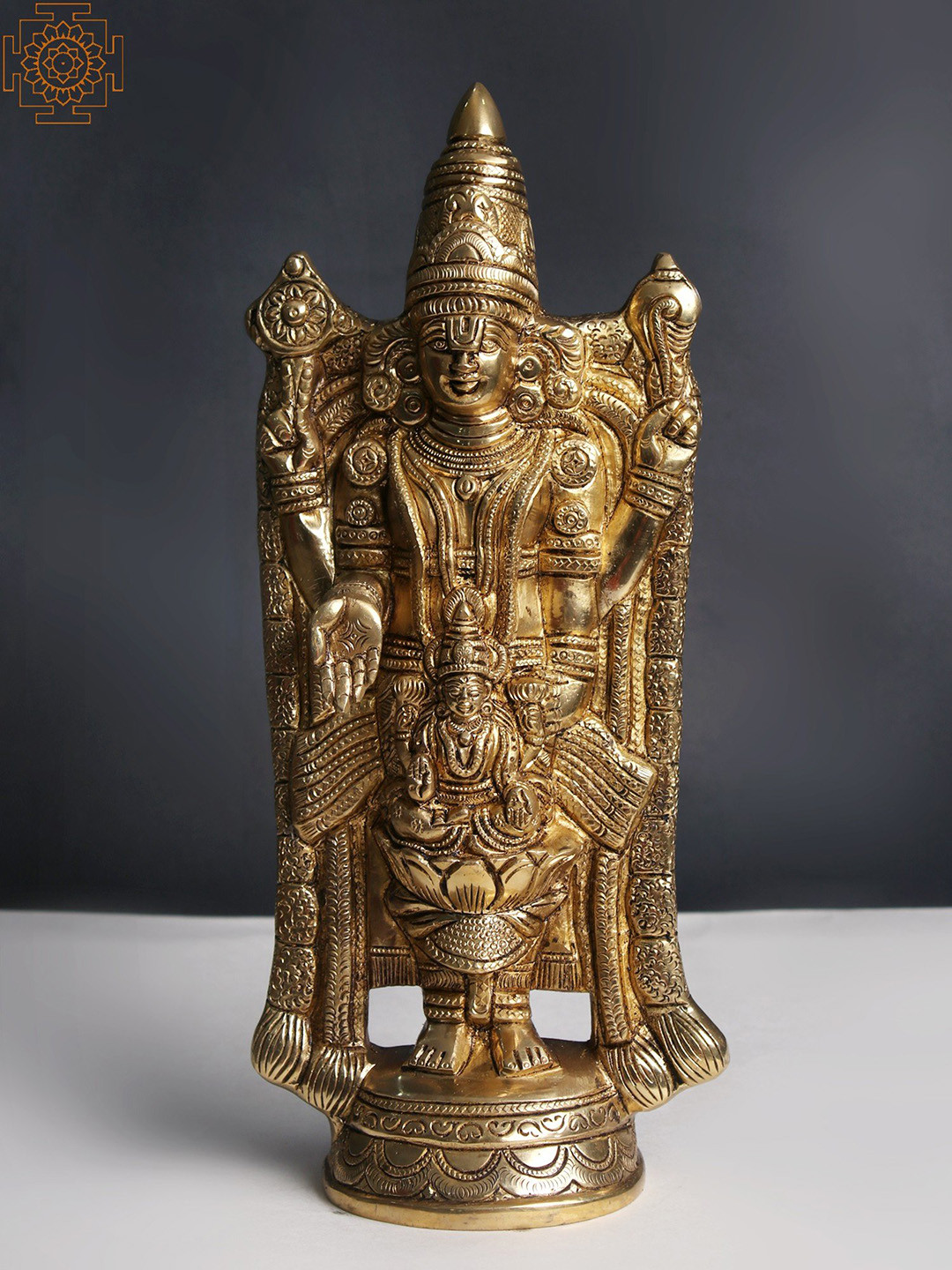 Exotic India Lord Tirupati Balaji with Goddess Lakshmi Gold Brass Metallic Prayer Room Medium Showpiece - 3.5 Inches