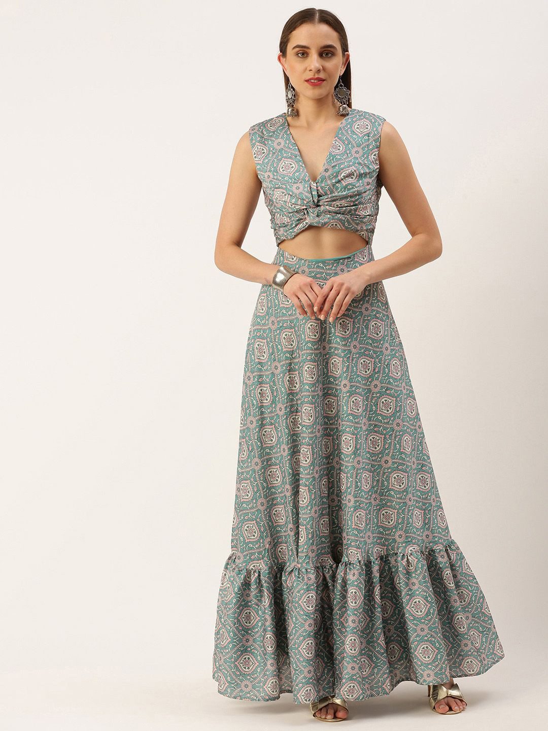 Ethnovog Floral Printed Cut-Out Satin Maxi Dress