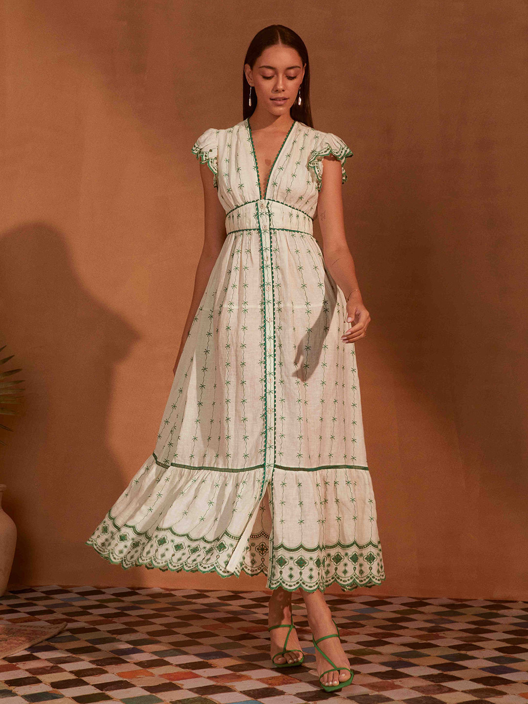 NOIB V Neck Flutter Sleeve Embroidered Maxi Dress