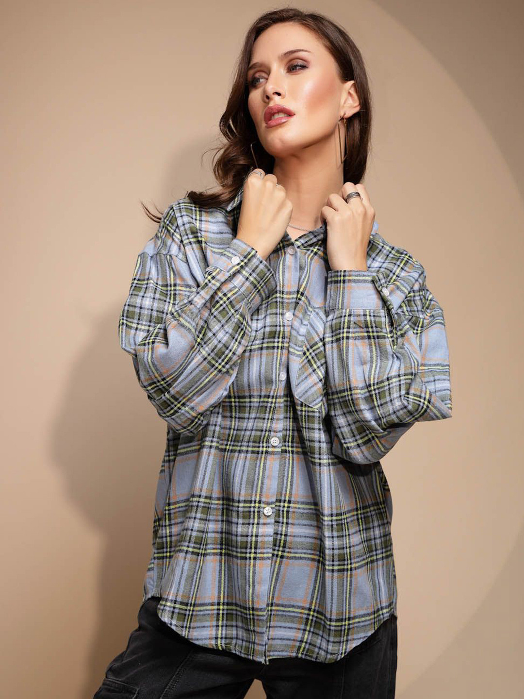 Global Republic Women Classic Spread Collar Checked Polycotton Relaxed Fit Casual Shirt