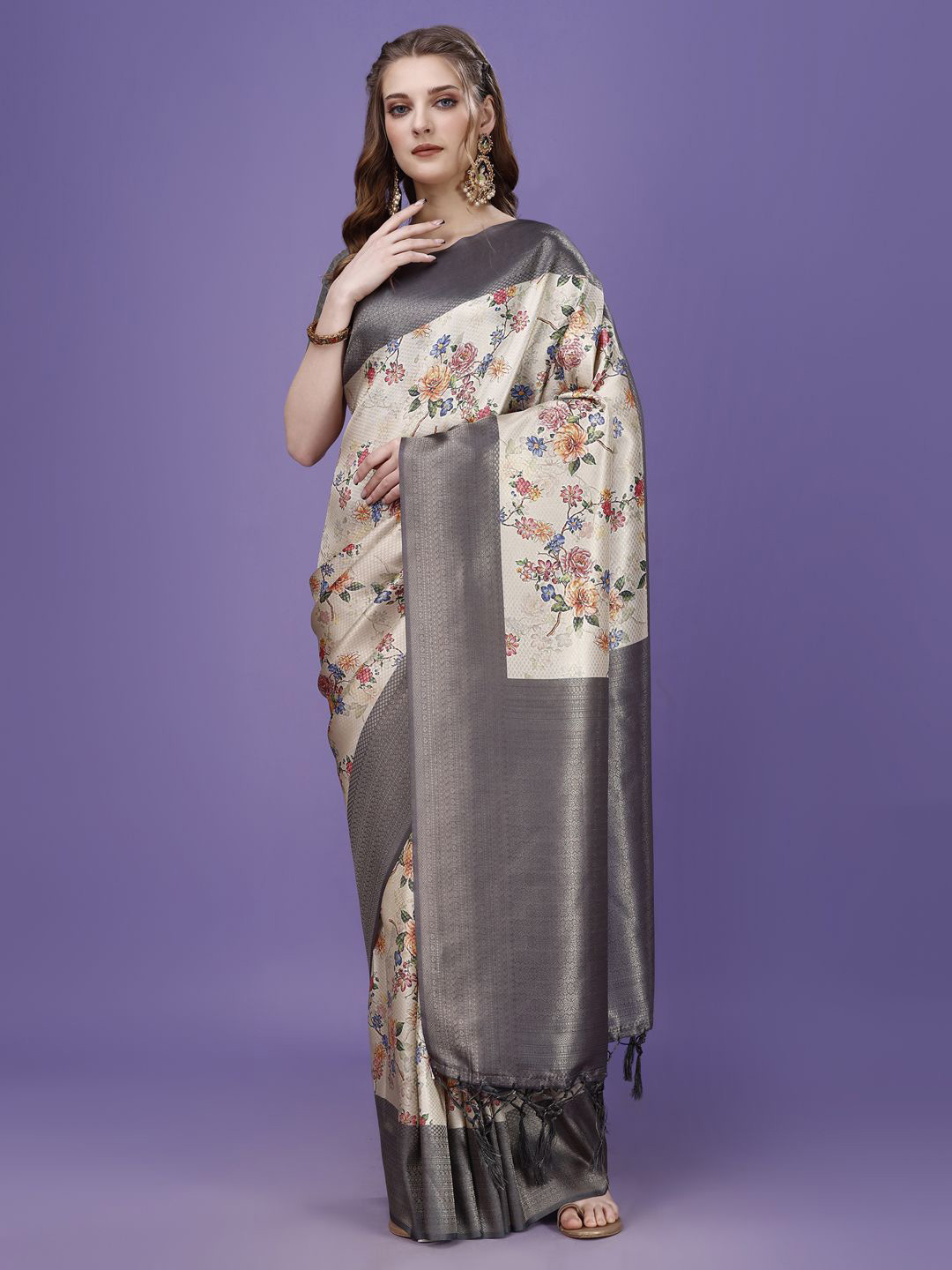 Nigel Designer Printed Floral Zari Silk Blend Saree