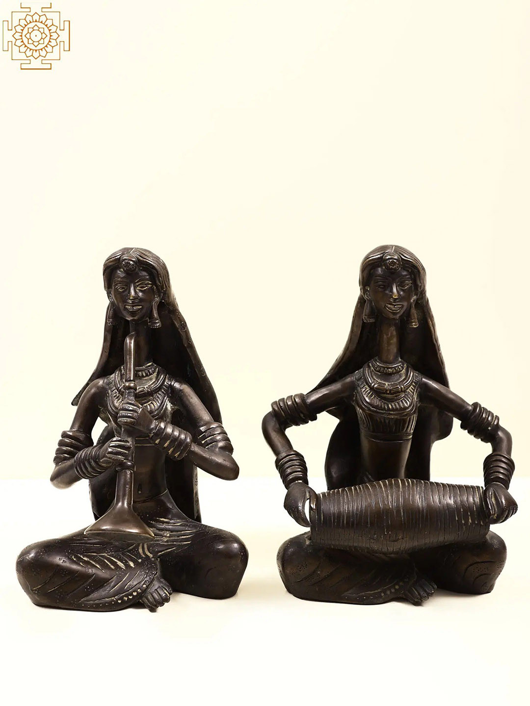 Exotic India Musical Ladies Brown Brass Metallic Living Room Set of 2 Medium Showpieces - 10 Inches