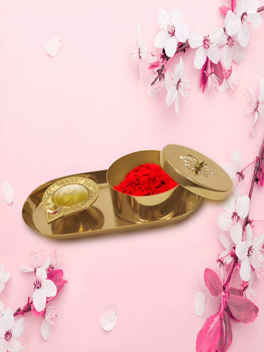 Metalsmith Textured Pooja Thali With Diya & Kumkum Box