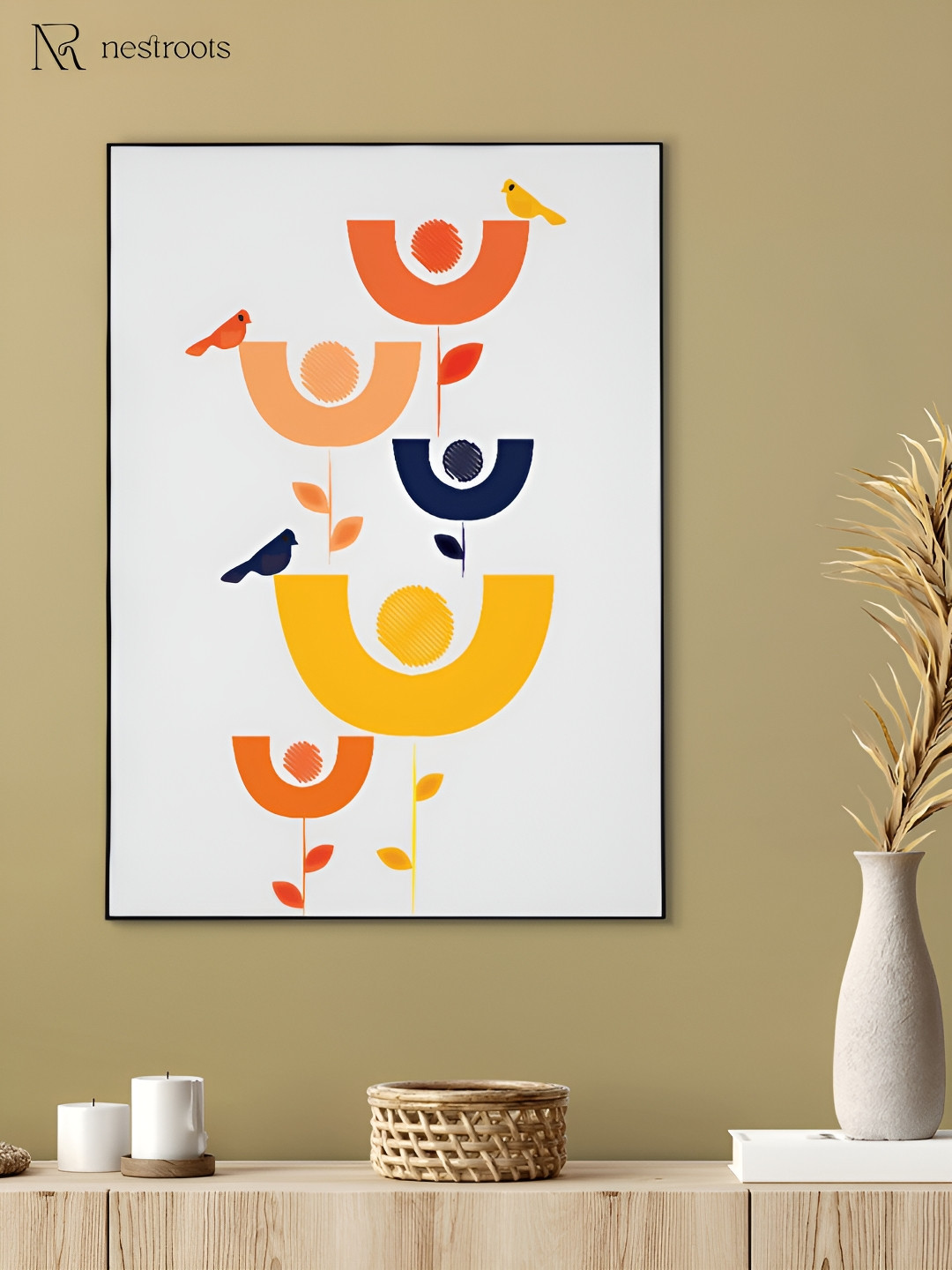nestroots White & Yellow Colorful Birds Abstract Canvas Wall Painting