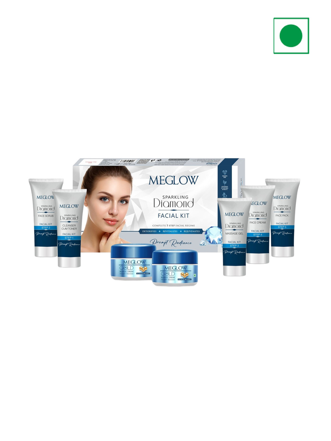 MEGLOW Sparkling Diamond Facial Kit + 2 Gold Bleach Cream For Revitalizing Skin - 105g