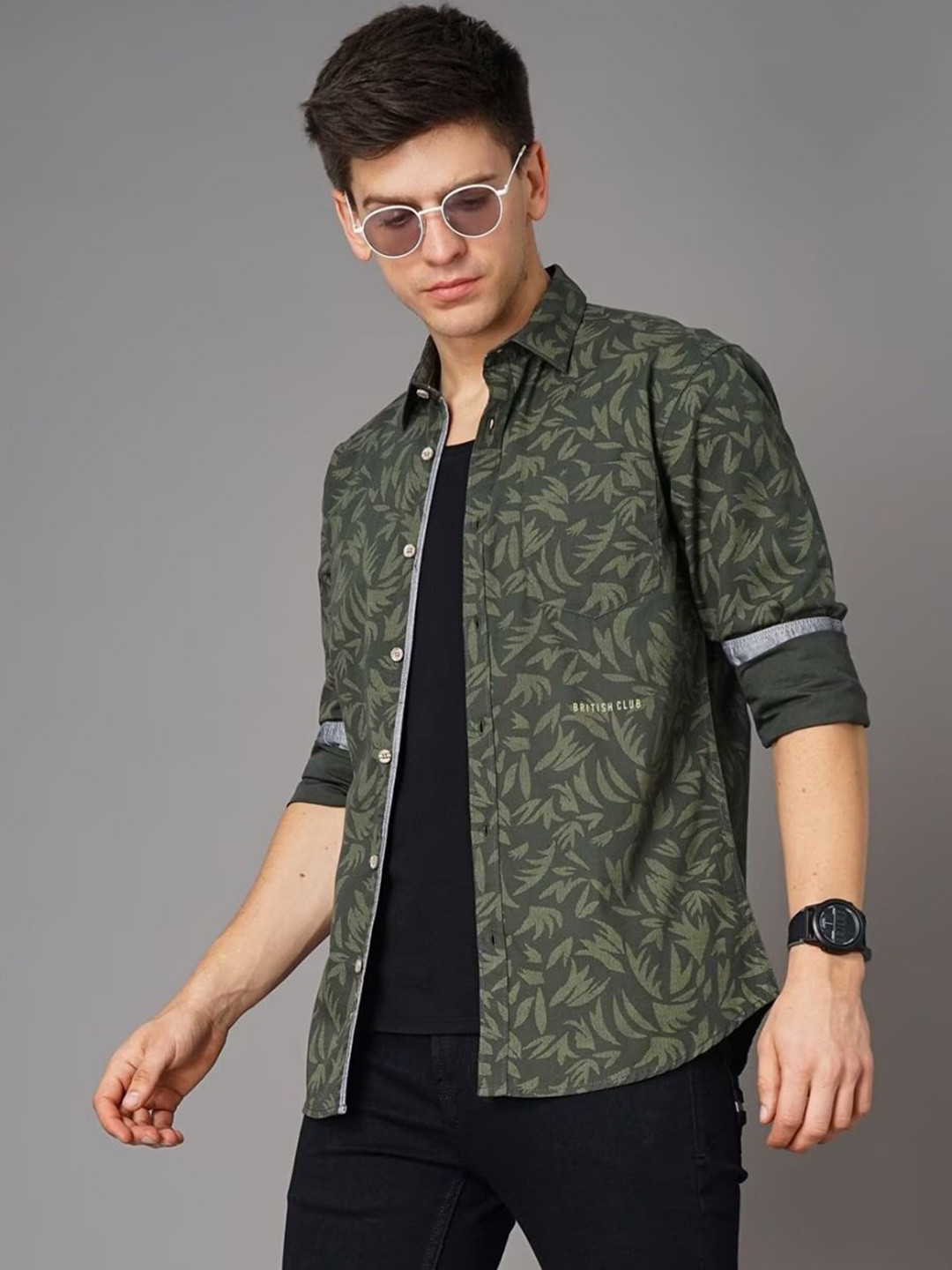 British Club Men Smart Spread Collar Tropical Printed Cotton Slim Fit Casual Shirt