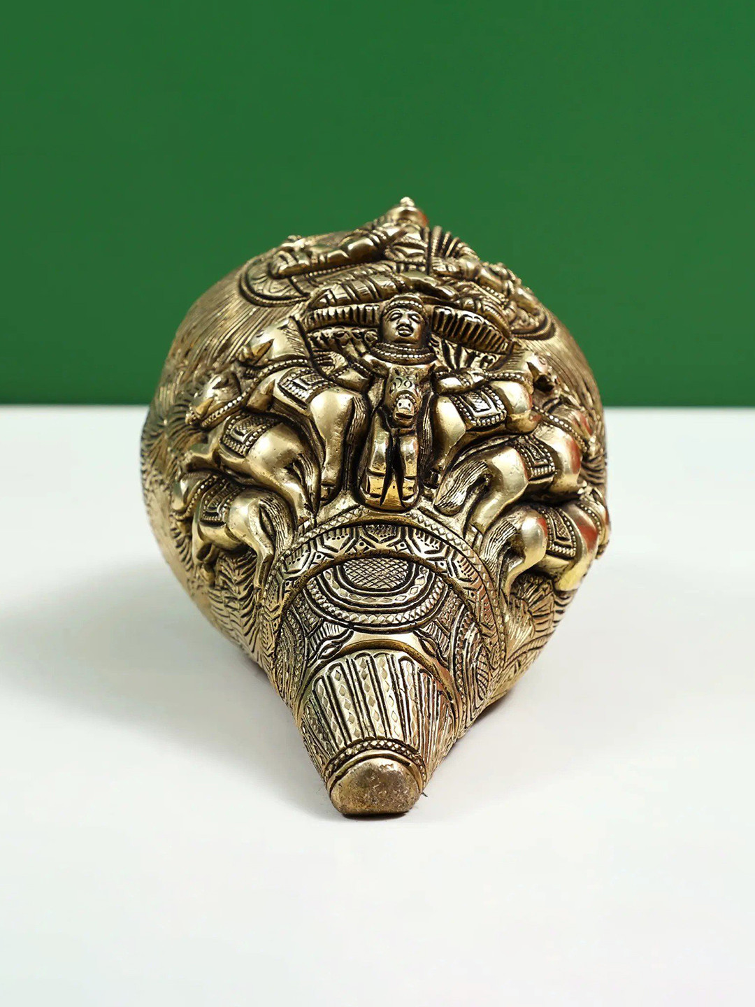 Exotic India Surya Bhagawan Conch Brass Glossy Hanging Pooja Room Spiritual Wall Decor-4In