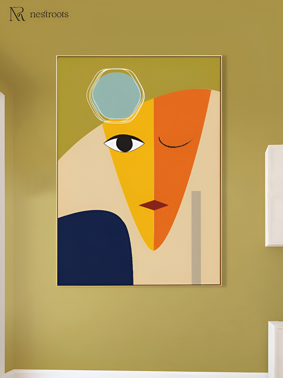 nestroots Beige & Green Vibrant Abstract Face Artwork Canvas Wall Art