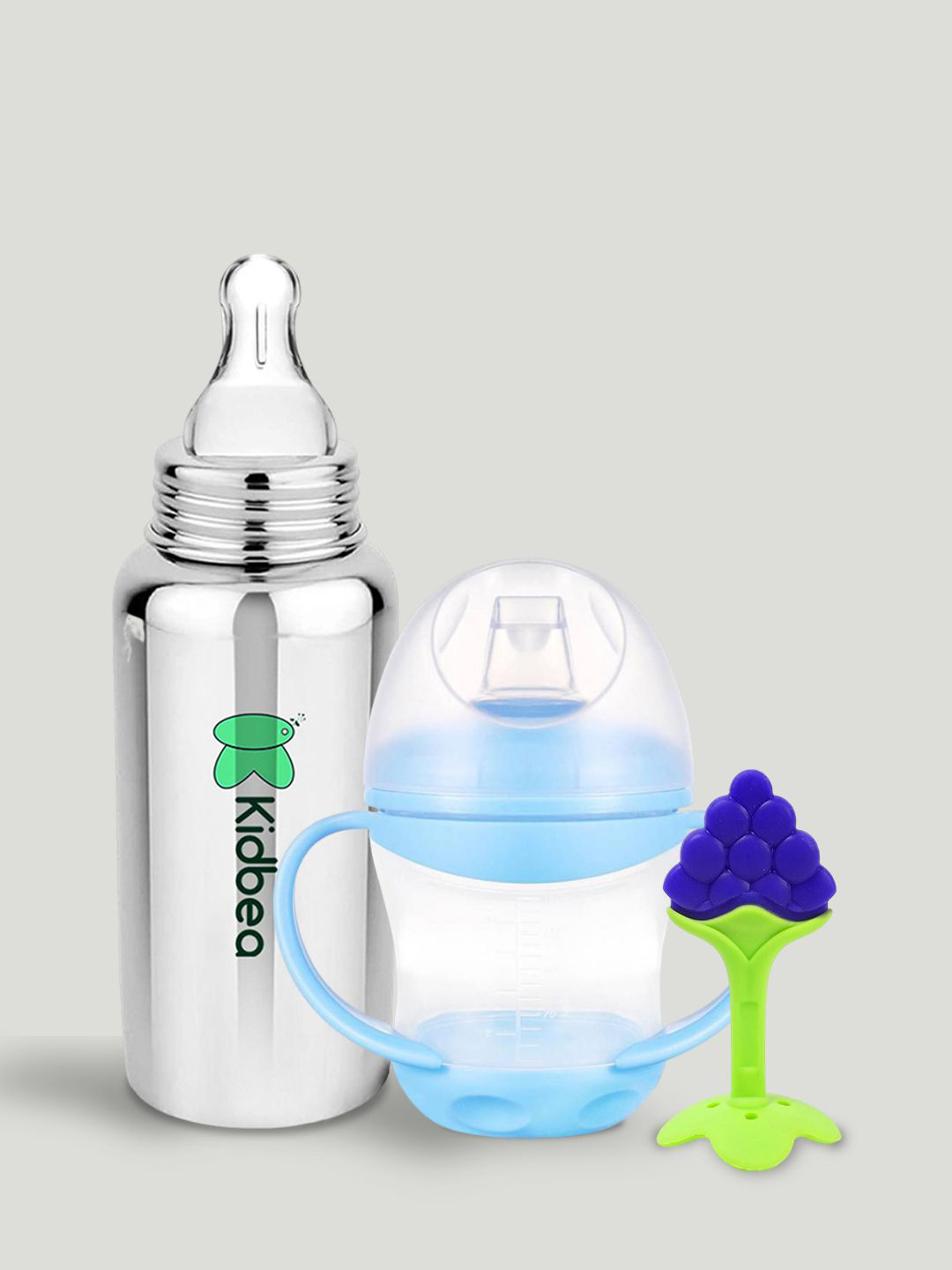 Kidbea 3Pcs Blue & Green Baby Feeding Bottles With Teether