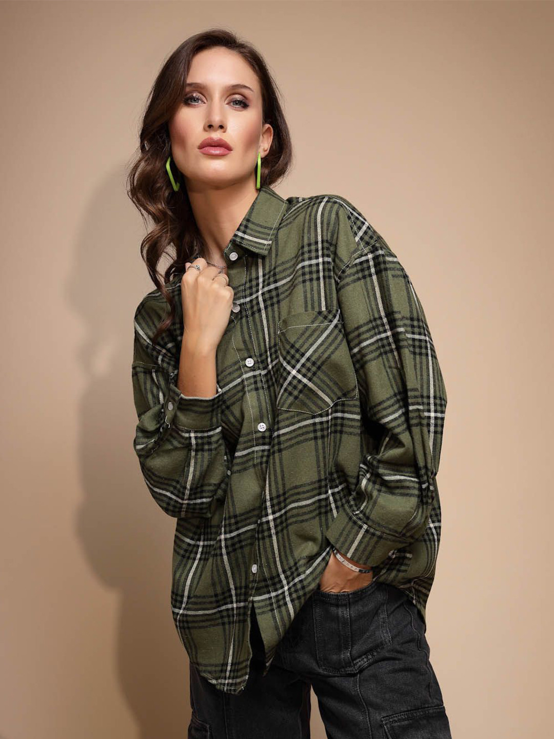 Global Republic Women Classic Spread Collar Checked Polycotton Relaxed Fit Casual Shirt