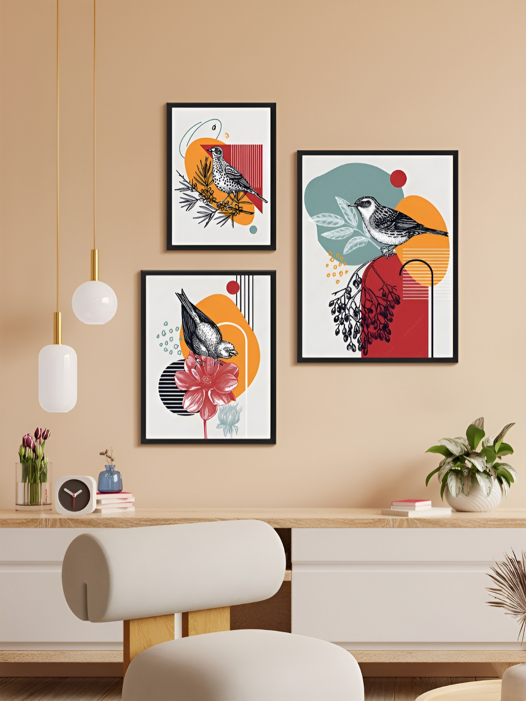 999Store White & Orange 3 Piece Paper Birds and Animals Wall Paintings