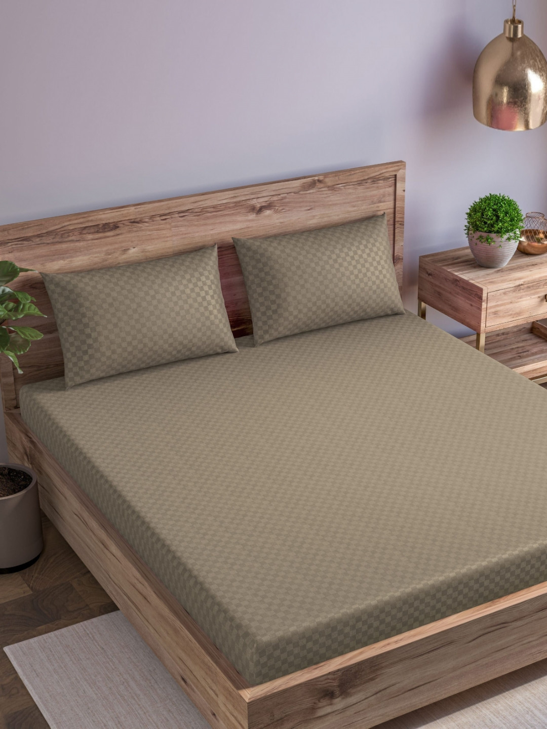 Trance Home Linen Brown Checked Cotton 300 TC Queen Fine Bedsheet with 2 Pillow Covers-86 x 104 inches
