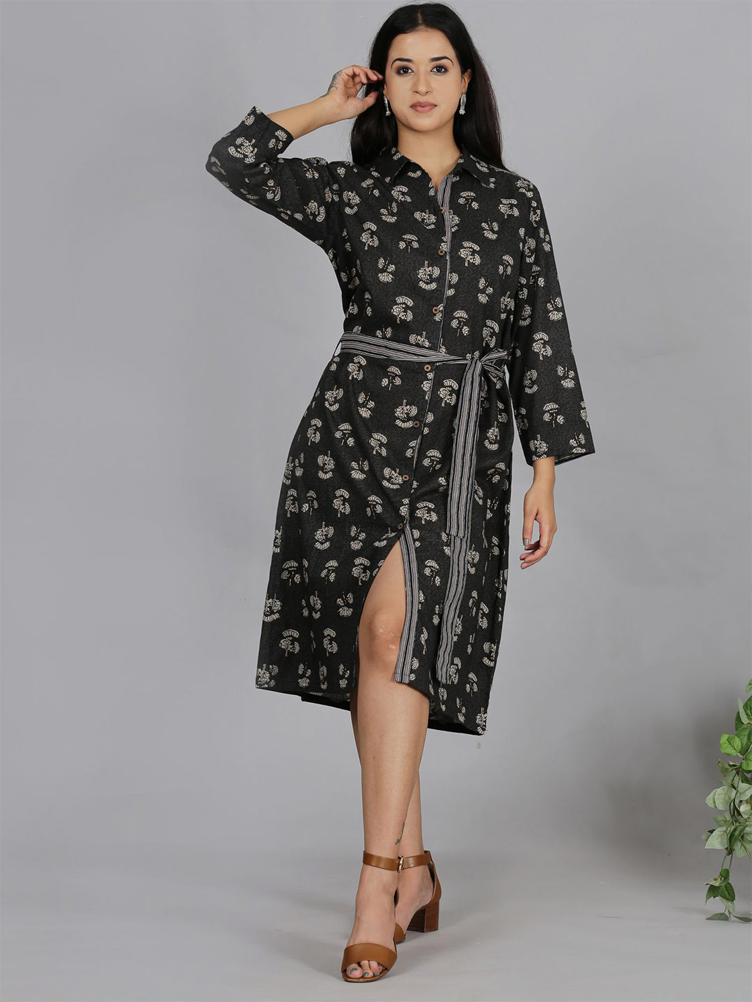 Spring Soul Floral Print Shirt Midi Dress