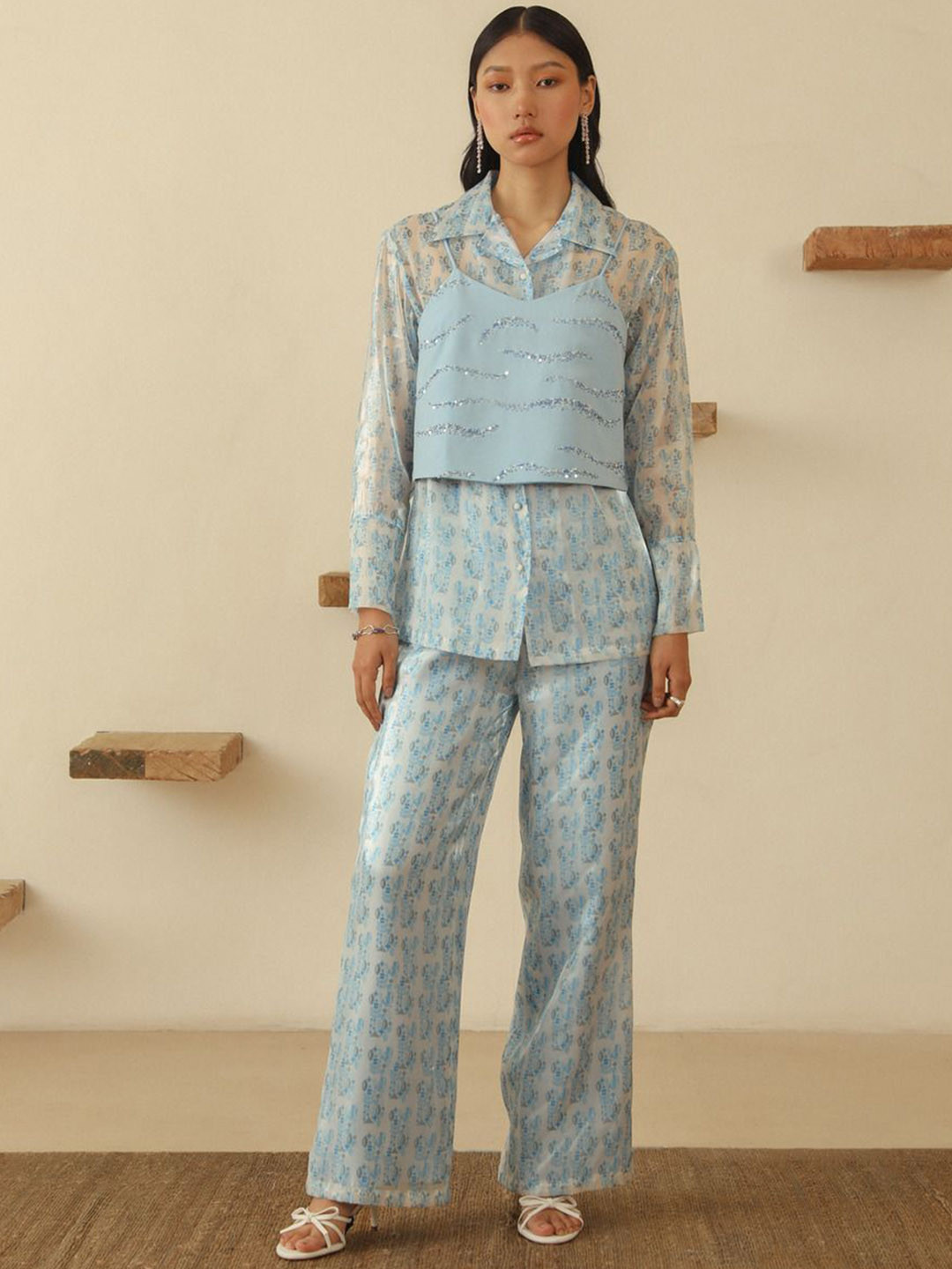 Muvazo Printed long Sleeve Shirt Trouser & Tank Co-Ords