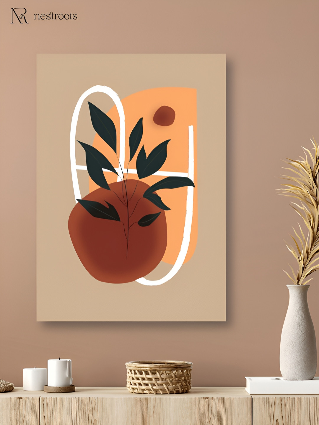 nestroots Coffee Brown & Beige Vibrant Floral Leaf Canvas Wall Painting