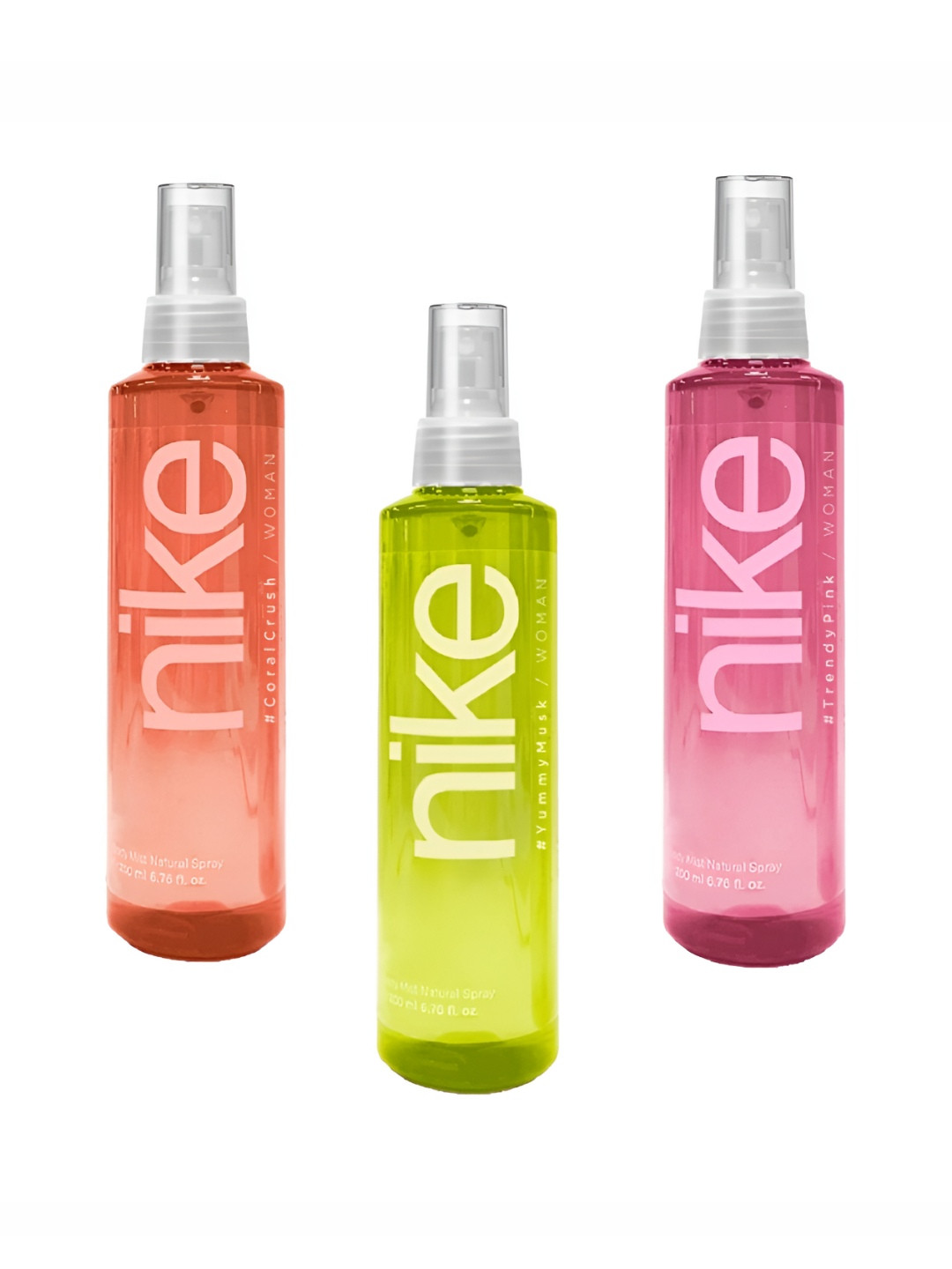 Nike Fragrances 3 Pcs Women Trendy Pink Yummy Musk Coral Crush Body Mist Natural Spray 600 ml