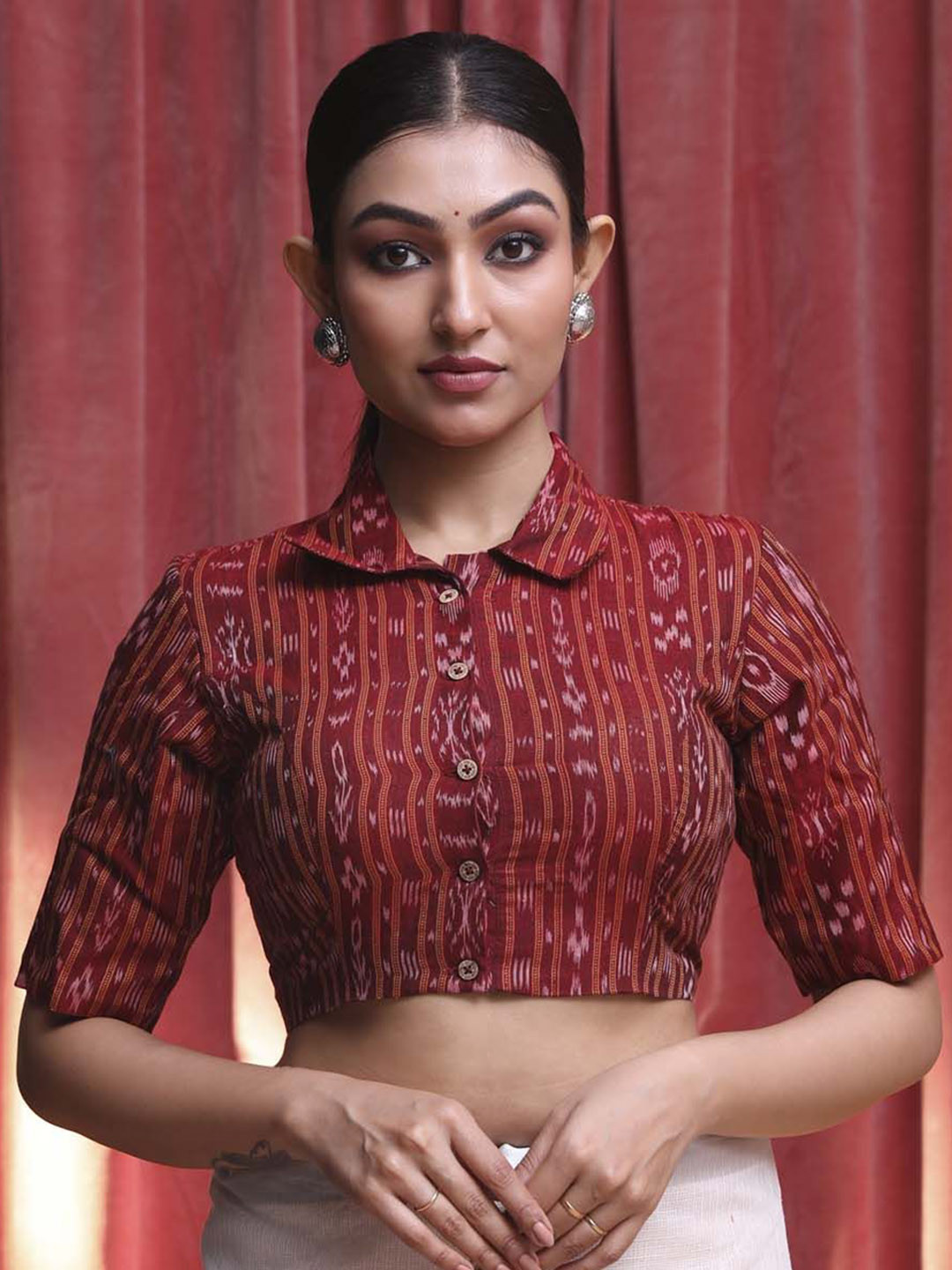 Indethnic Printed Cotton Shirt Collar Short Sleeves Saree Blouse