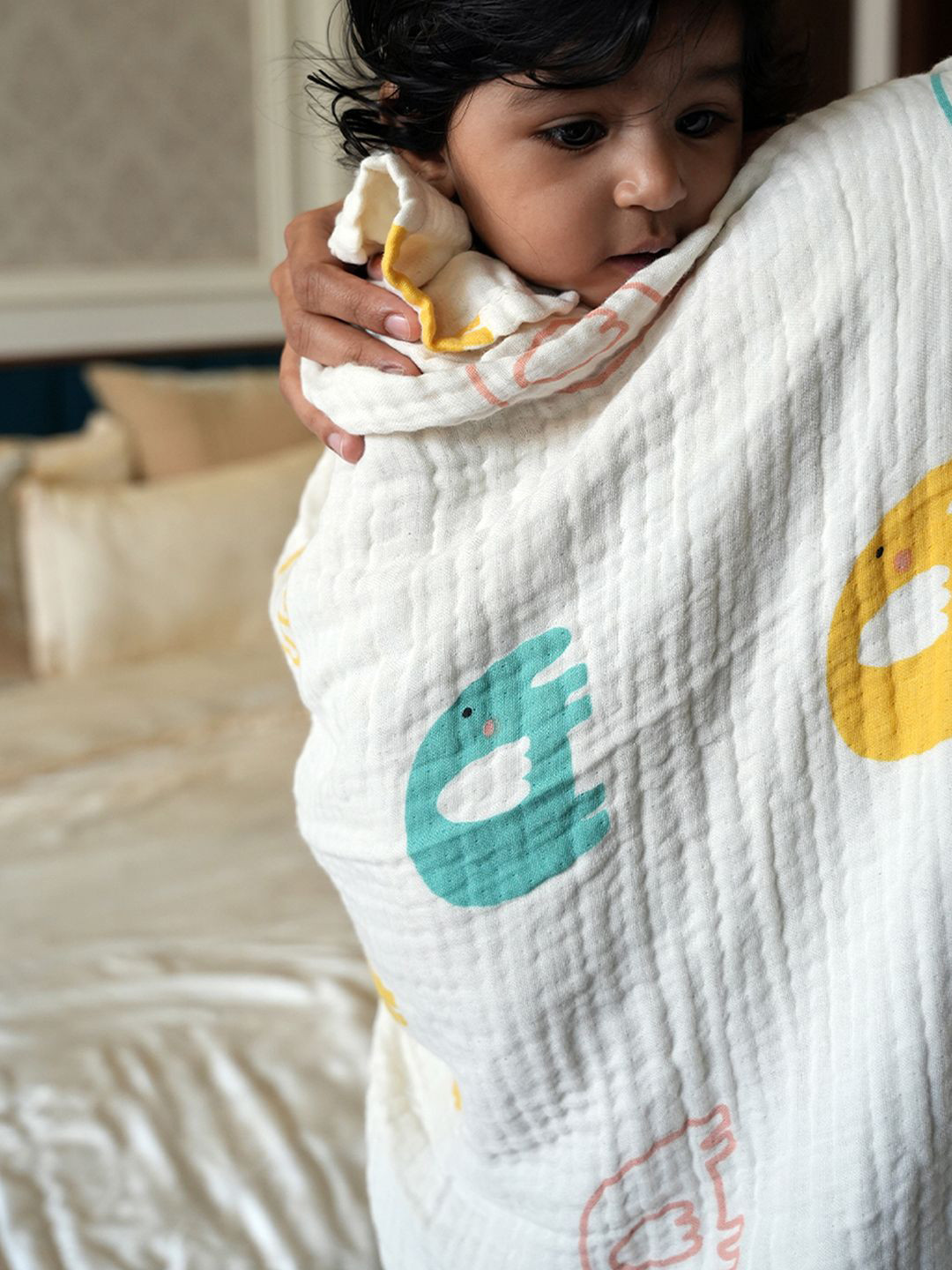 Doctor Towels Cream & Green Printed 350GSM Set of 1 Anti-Bacterial Bamboo Baby Swaddle