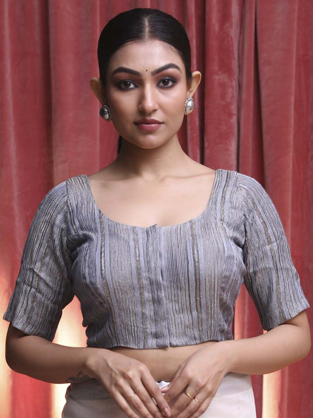 Indethnic Striped U -Neck Short Sleeves Saree Blouse