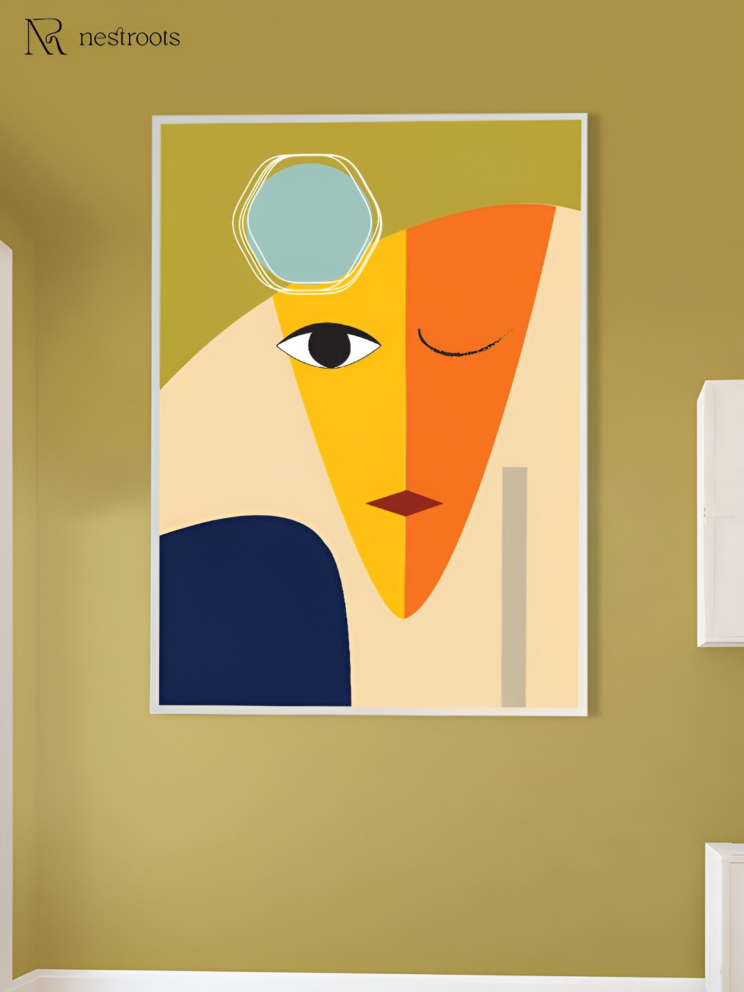 nestroots Beige & Green Vibrant Abstract Face Artwork Canvas Wall Art