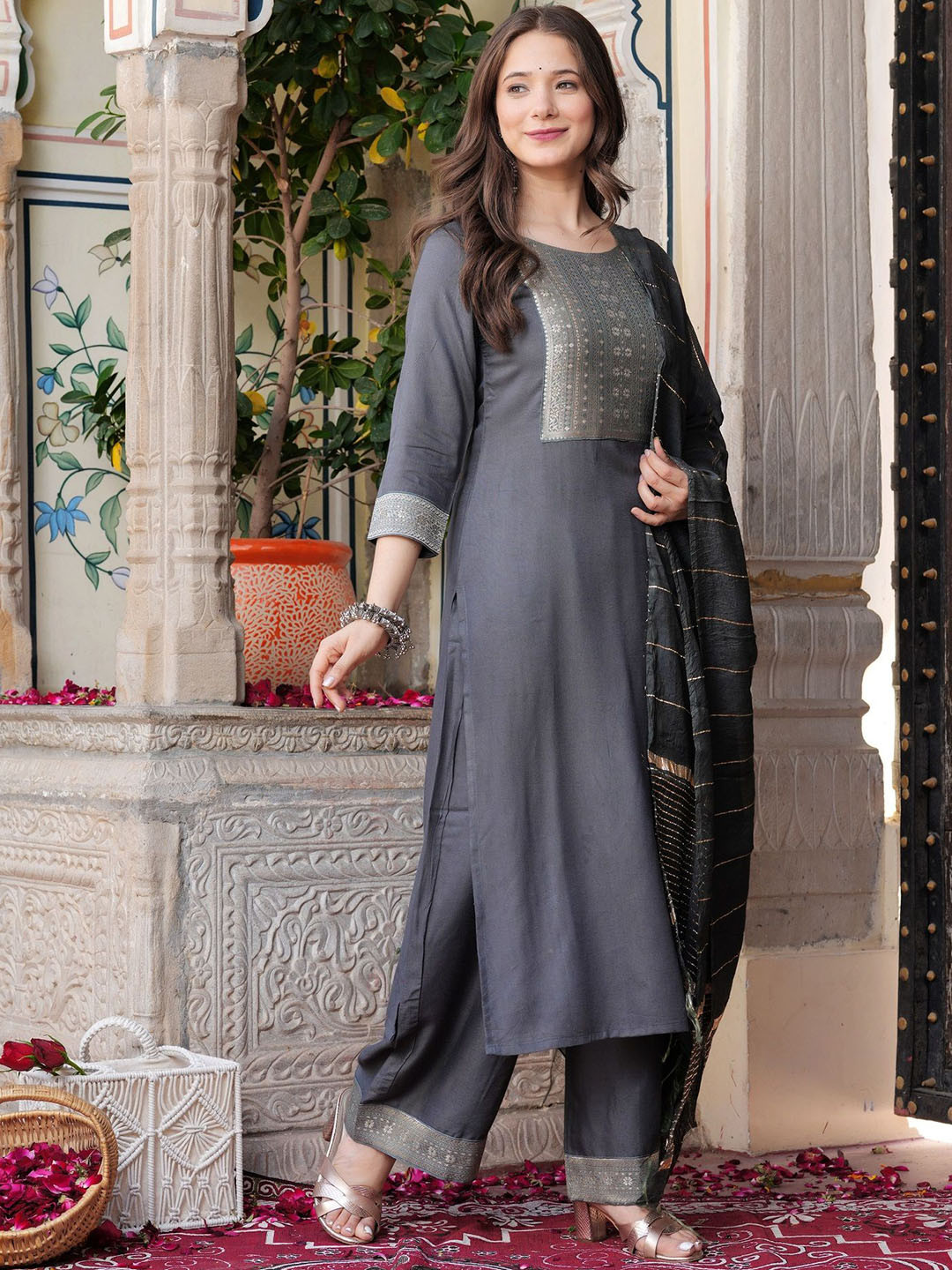 Sitaram Designer Women Ethnic Motifs Yoke Design Regular Kurta with Palazzos & With Dupatta
