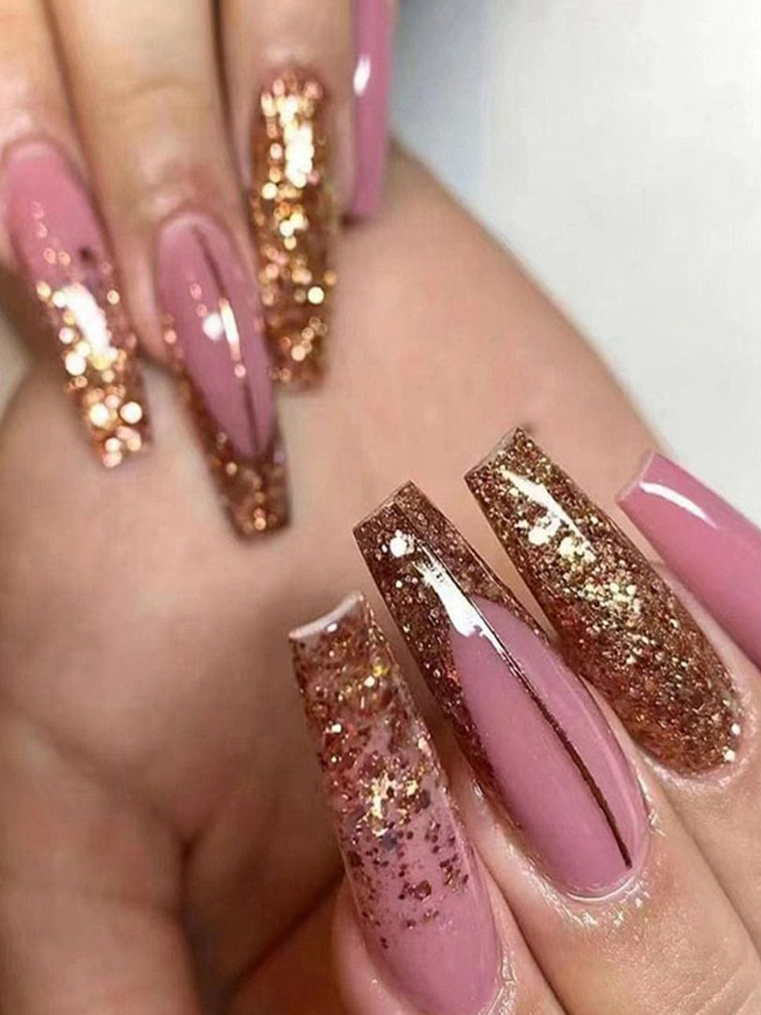 The Pink Truck Set Of 24 Artificial Reusable Nails With Glue - Pink With Golden Coffin