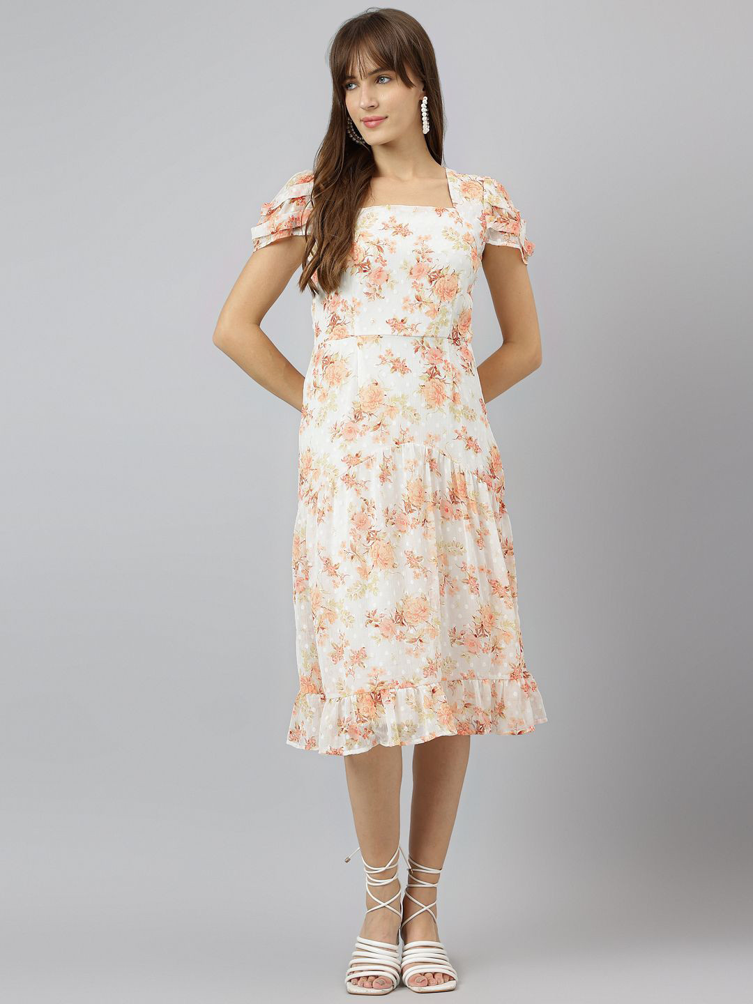 Latin Quarters Floral Print Cold-Shoulder Fit & Flare Midi Dress