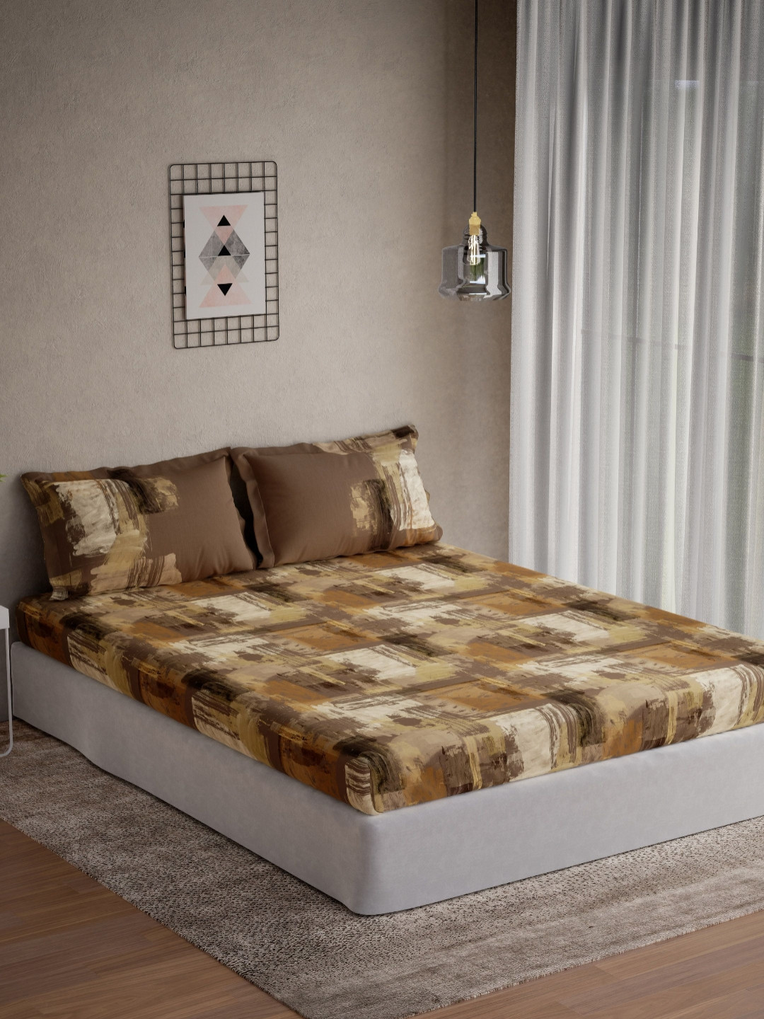 DDecor Live Beautiful Brown Abstract Cotton Breathable 144 TC Queen Bedsheet with 2 Pillow Covers-120 x 120 inches