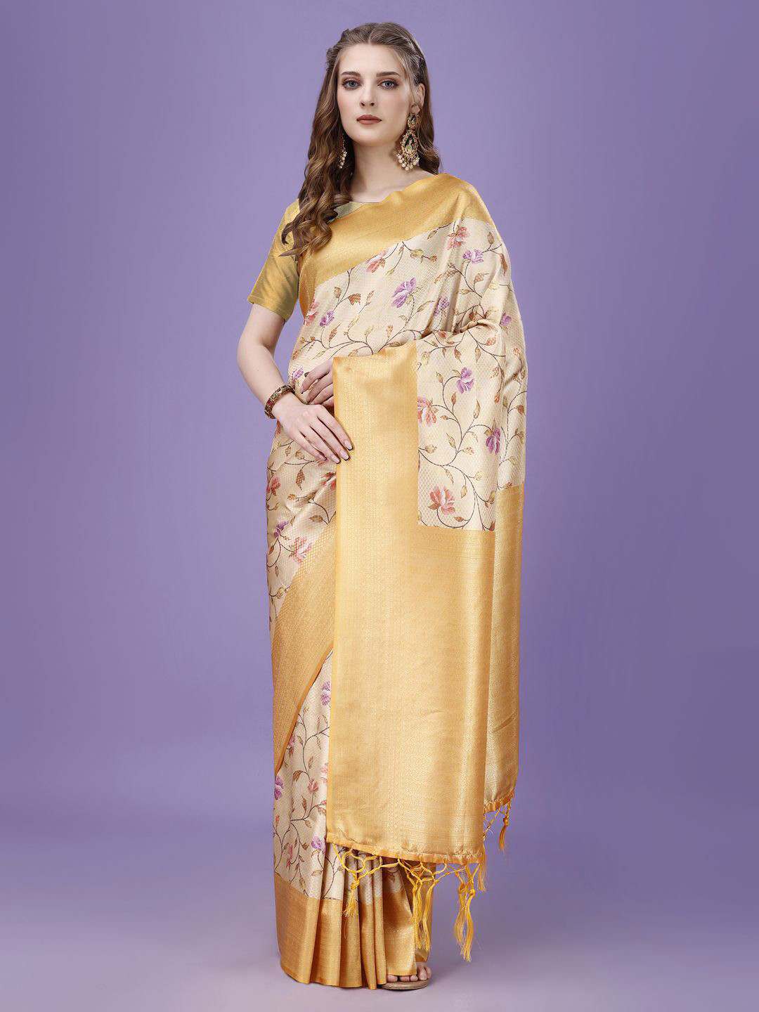Nigel Designer Printed Floral Zari Silk Blend Saree