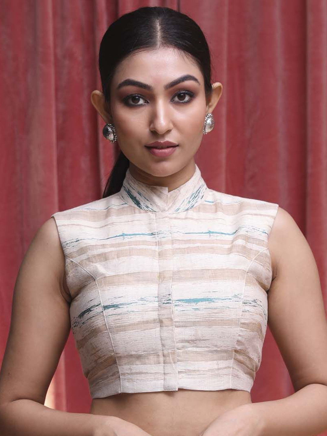 Indethnic Printed High Neck Sleeveless Saree Blouse