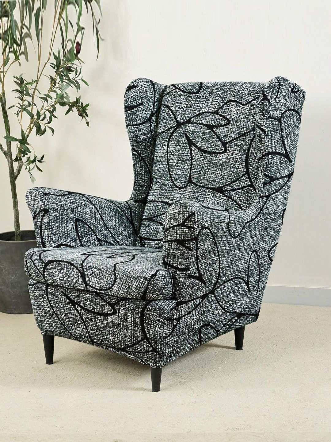 HOKIPO Grey Printed Wing Chair Cover