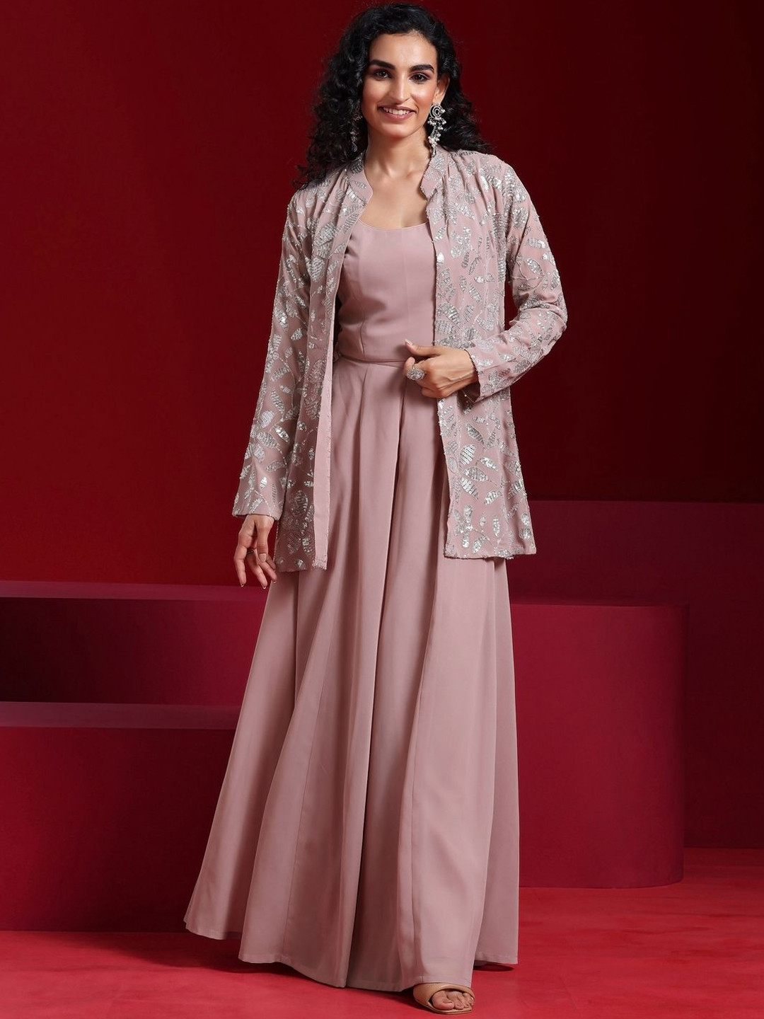 Libas Art Embellished Crop Top & Wide Leg Palazzos With Jacket Co-Ords