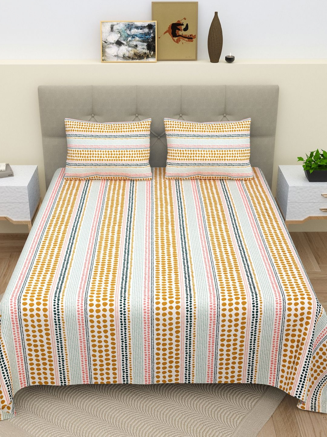 BELLA CASA Myntra Elegant Homes Collection Orange Geometric Pure Cotton 220 TC King Fine Bedsheet with 2 Pillow Covers-100 x 108 inches