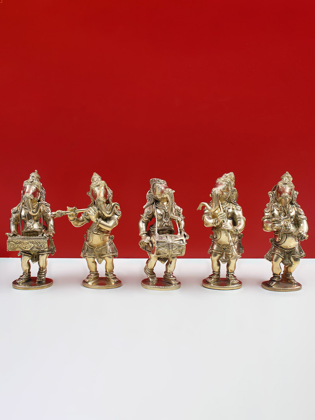 Exotic India Musical Ganesha Gold Brass Metallic Prayer Room Music Set of 5 Small Showpieces - 7 Inches