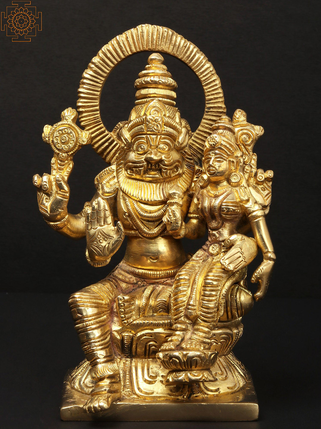 Exotic India Lord Narasimha with Goddess Lakshmi Gold Brass Metallic Prayer Room Small Showpiece - 3 Inches